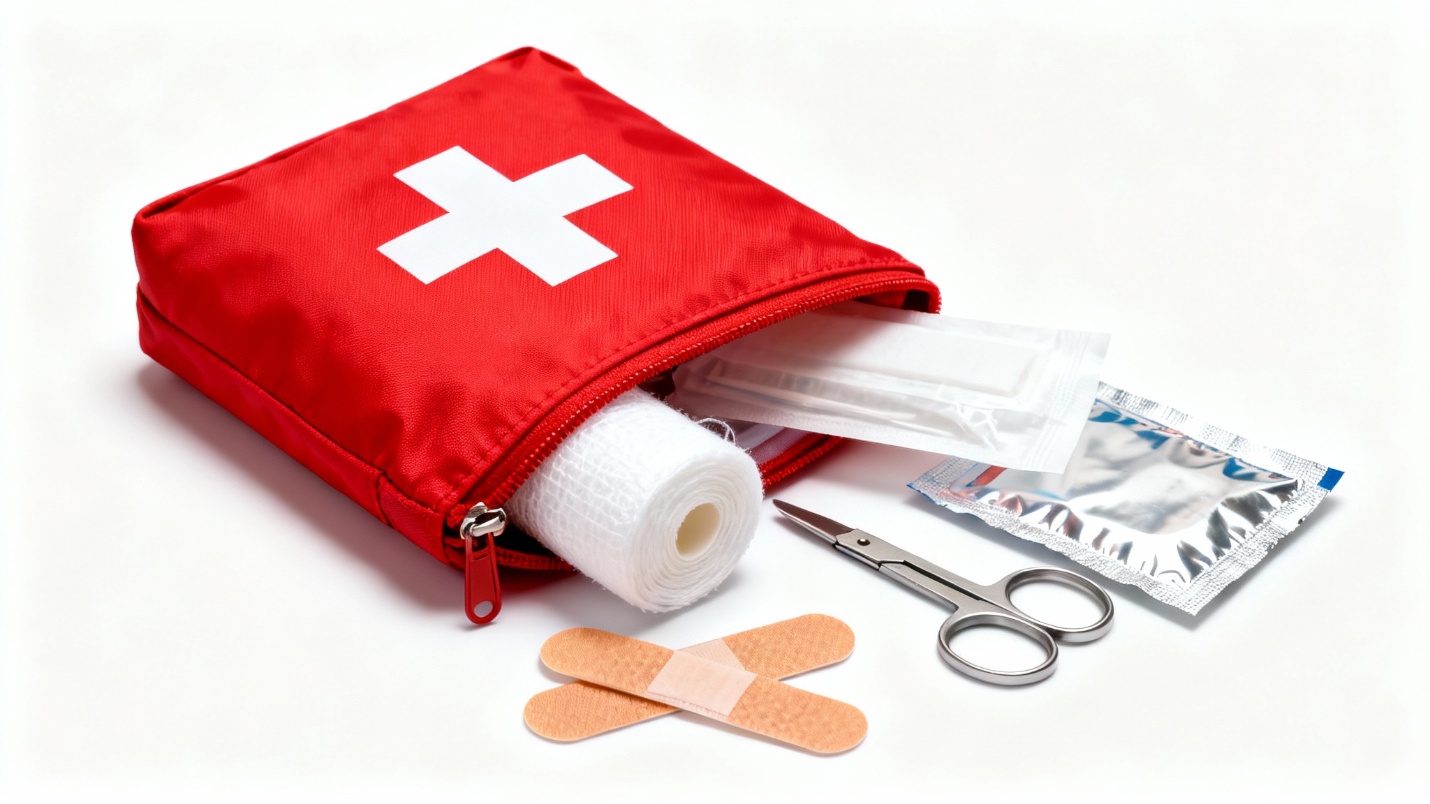 A red nylon first aid kit with a white cross symbol, open with a bandage, plasters, and scissors spilling out onto a clean white background.