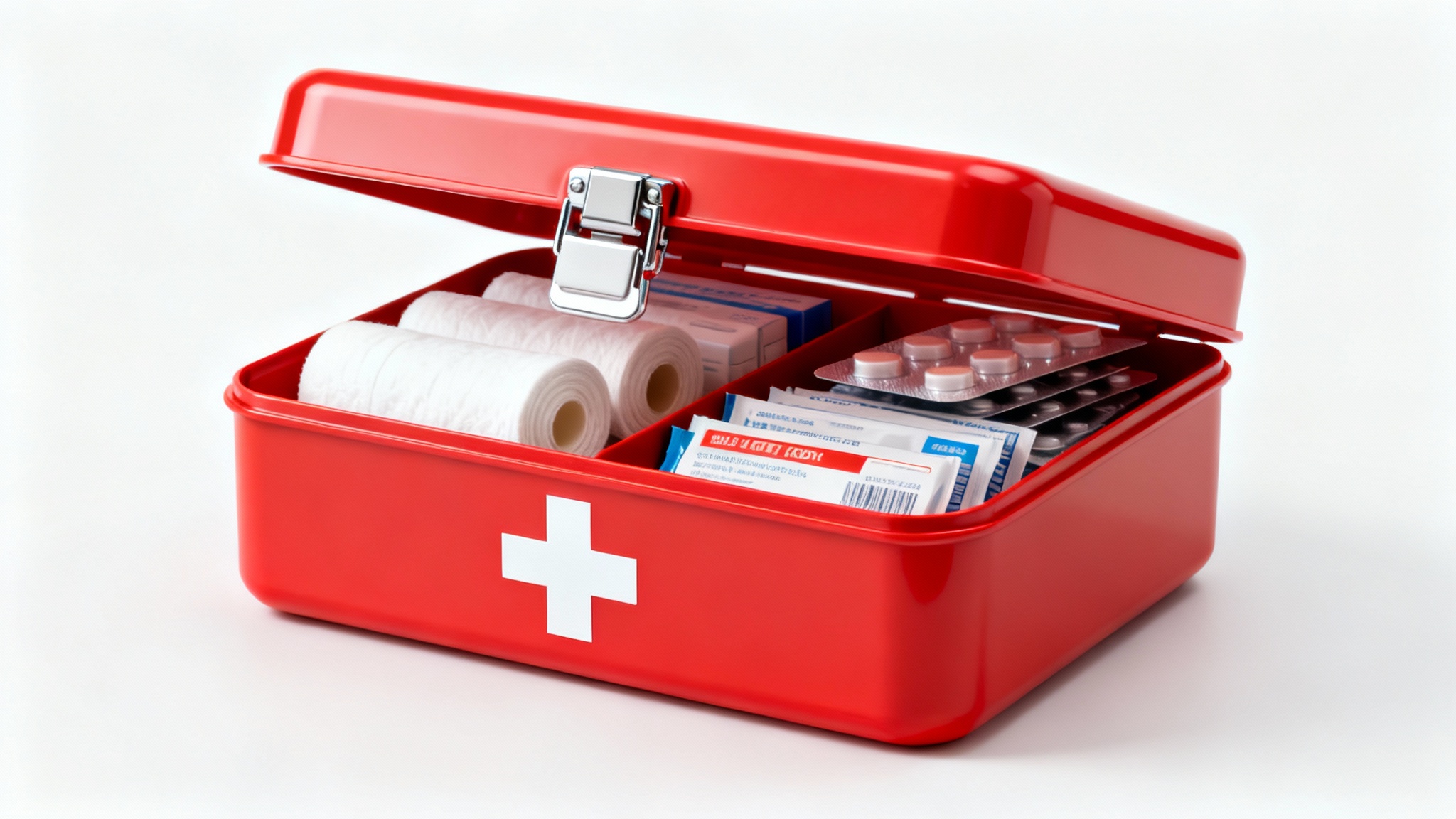 A photorealistic image of a red first aid kit with a white cross on the front, set against a solid white background. The kit is slightly open, showing medical supplies inside.