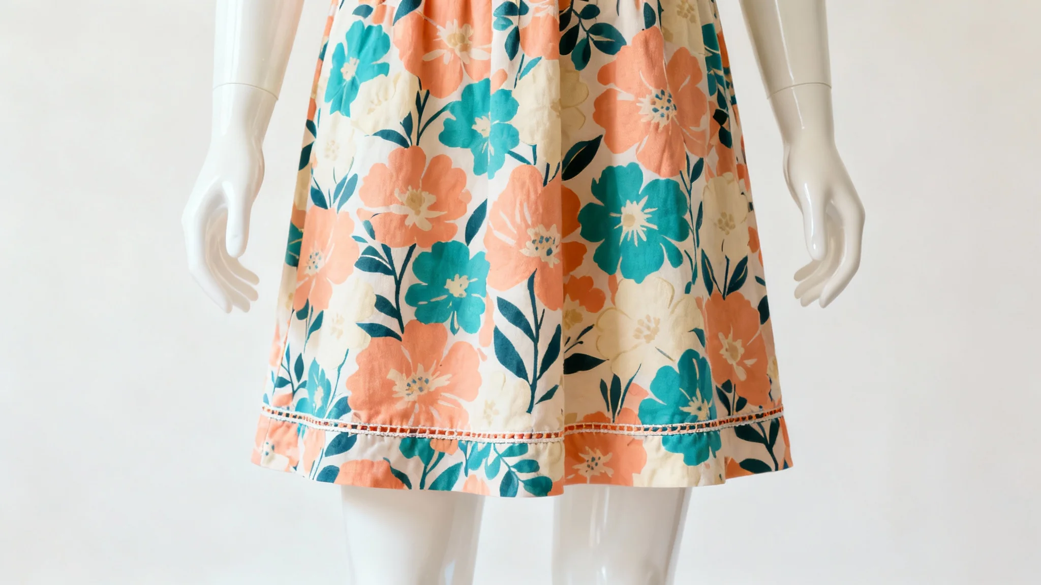 A professionally photographed A-line summer dress with a floral pattern, displayed on a ghost mannequin in a studio, representing the final result of a dress pattern.