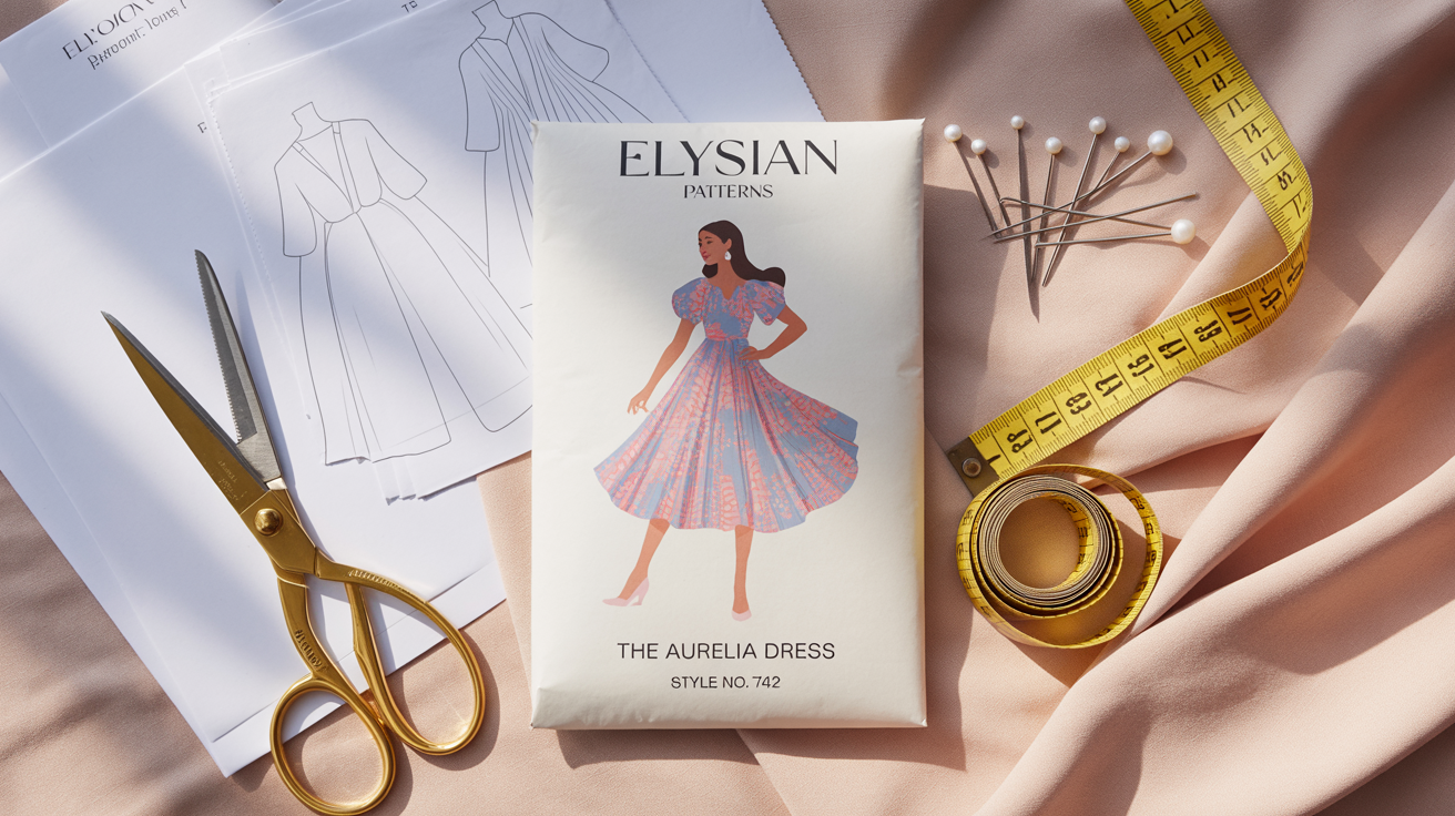 A top-down view of a dress pattern mockup, showing the pattern envelope for 'The Aurelia Dress', unfolded paper pattern pieces, gold scissors, and a measuring tape on a clean white surface.
