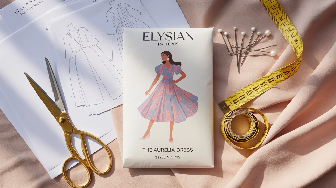A top-down view of a dress pattern mockup, showing the pattern envelope for 'The Aurelia Dress', unfolded paper pattern pieces, gold scissors, and a measuring tape on a clean white surface.