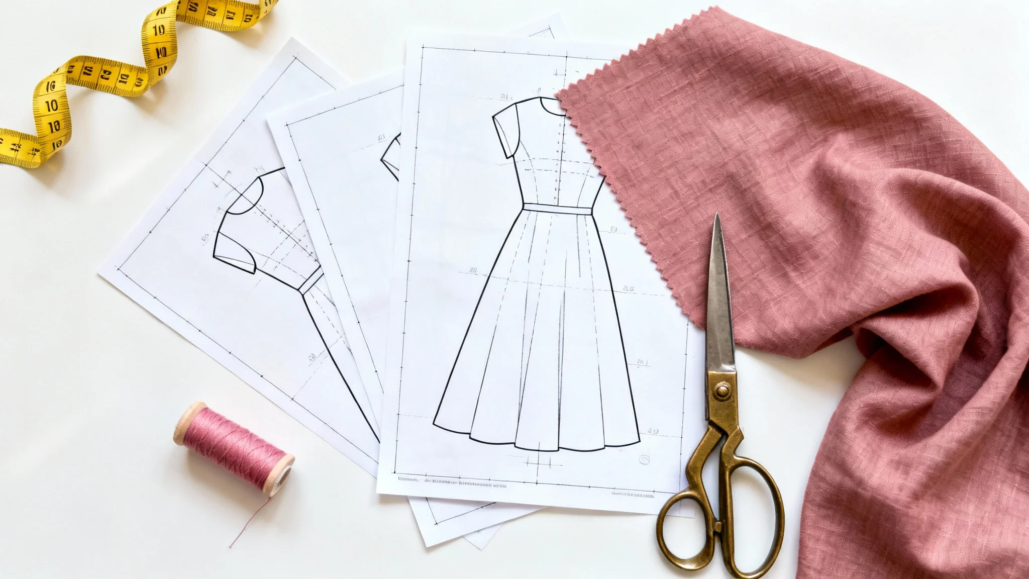A top-down photo of a dress pattern and sewing supplies on a white background. The mockup includes paper pattern pieces, pink linen fabric, brass scissors, and a measuring tape.