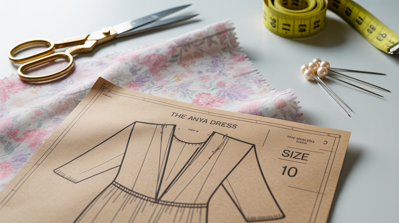 A flat lay of a dress sewing pattern on a white surface, surrounded by floral fabric, scissors, and a measuring tape, representing fashion design and dressmaking.
