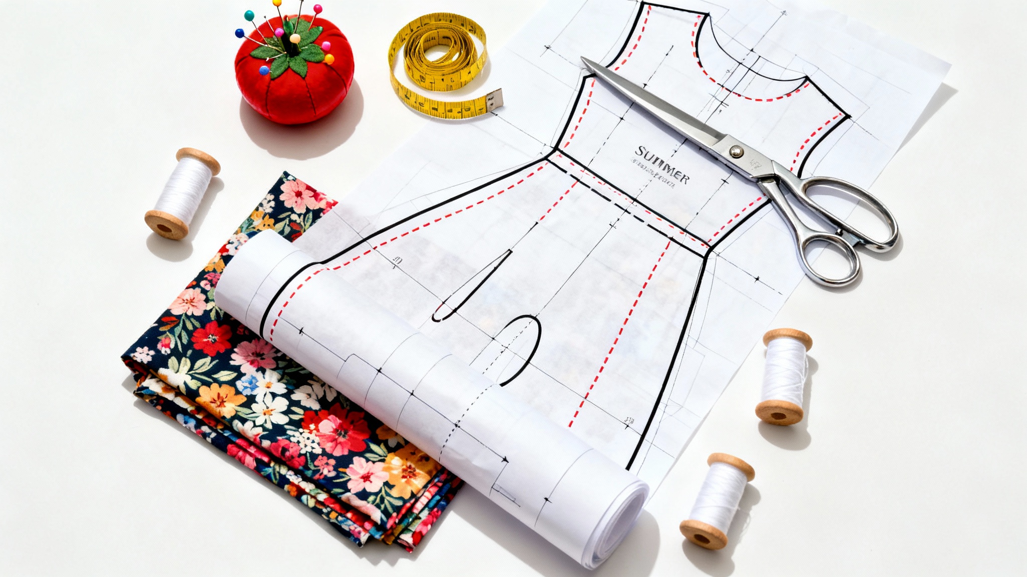 A flat lay image of a dressmaker's workspace, showing a paper sewing pattern, scissors, a measuring tape, a pincushion, and a swatch of floral fabric on a white background.