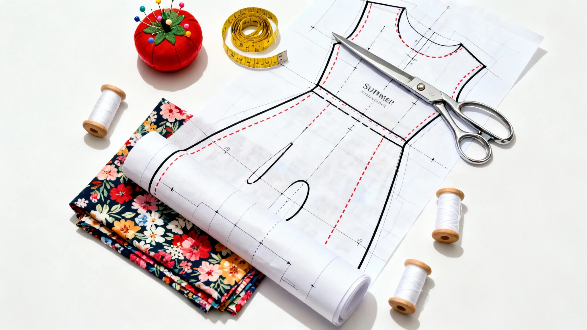 A flat lay image of a dressmaker's workspace, showing a paper sewing pattern, scissors, a measuring tape, a pincushion, and a swatch of floral fabric on a white background.