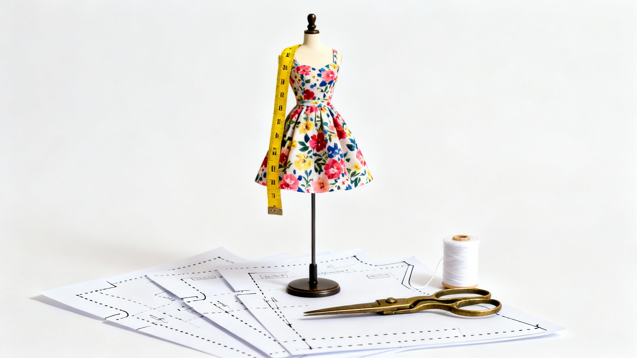 A tailor's mannequin with a partially made floral dress, with a paper dress pattern, scissors, and thread laid out at its base against a clean white background.