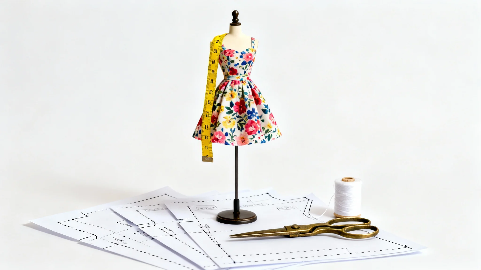 A tailor's mannequin with a partially made floral dress, with a paper dress pattern, scissors, and thread laid out at its base against a clean white background.