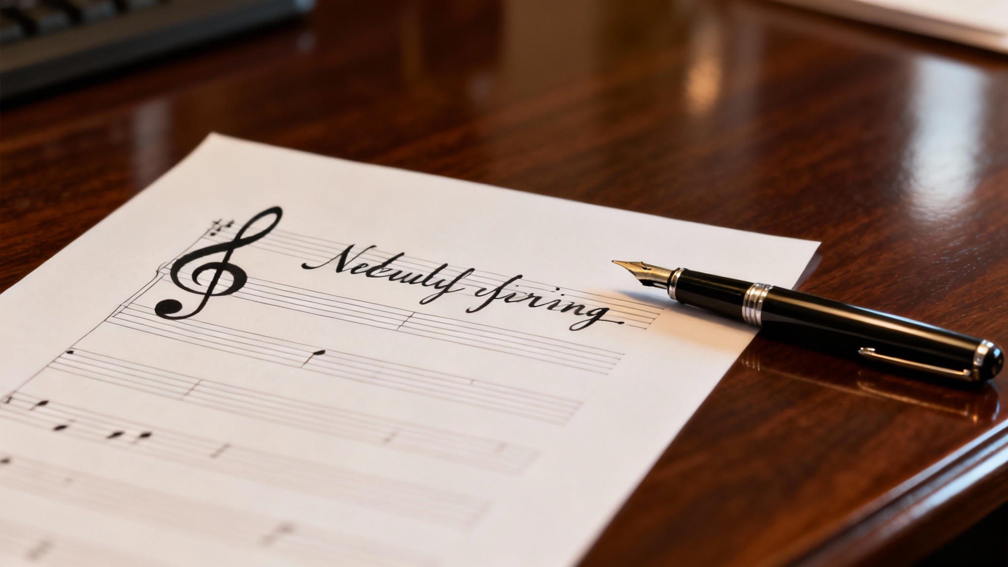 A sheet of staff paper with handwritten musical notes sits on a dark wooden desk next to a fountain pen, in a warmly lit, creative setting.