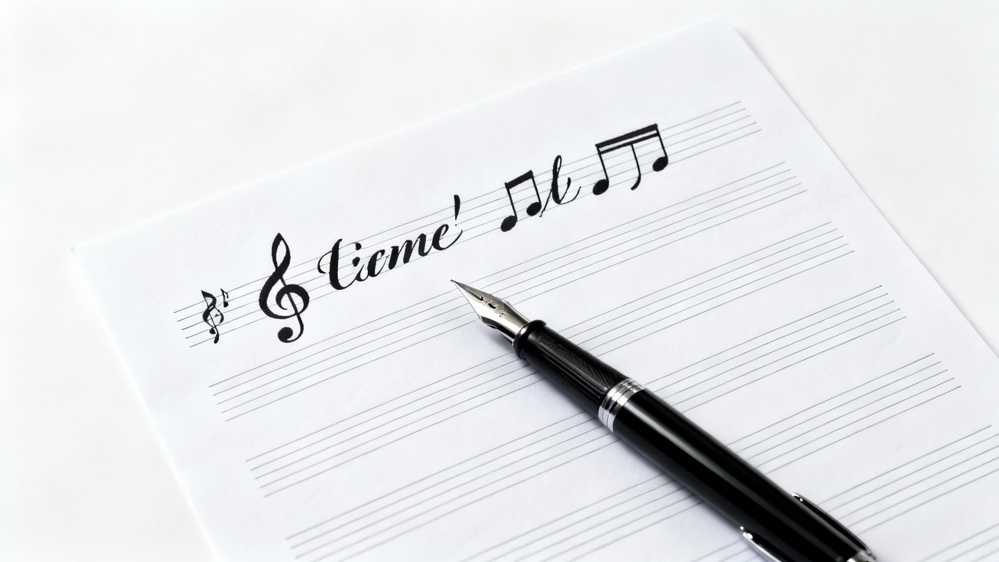 A professional mockup of a clean sheet of staff paper with a fountain pen resting on it, showing a few freshly written musical notes on a solid white background.