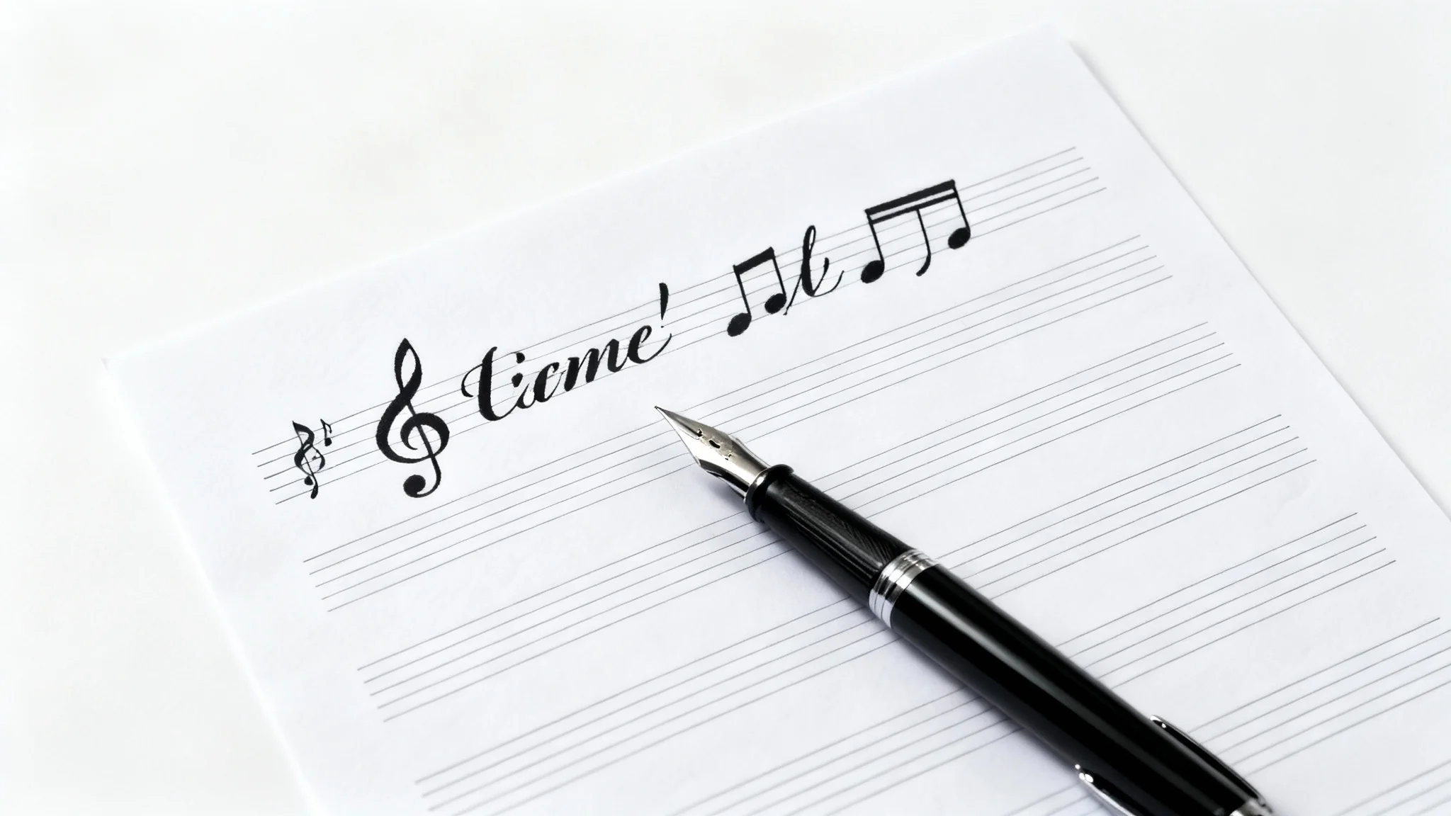 A professional mockup of a clean sheet of staff paper with a fountain pen resting on it, showing a few freshly written musical notes on a solid white background.