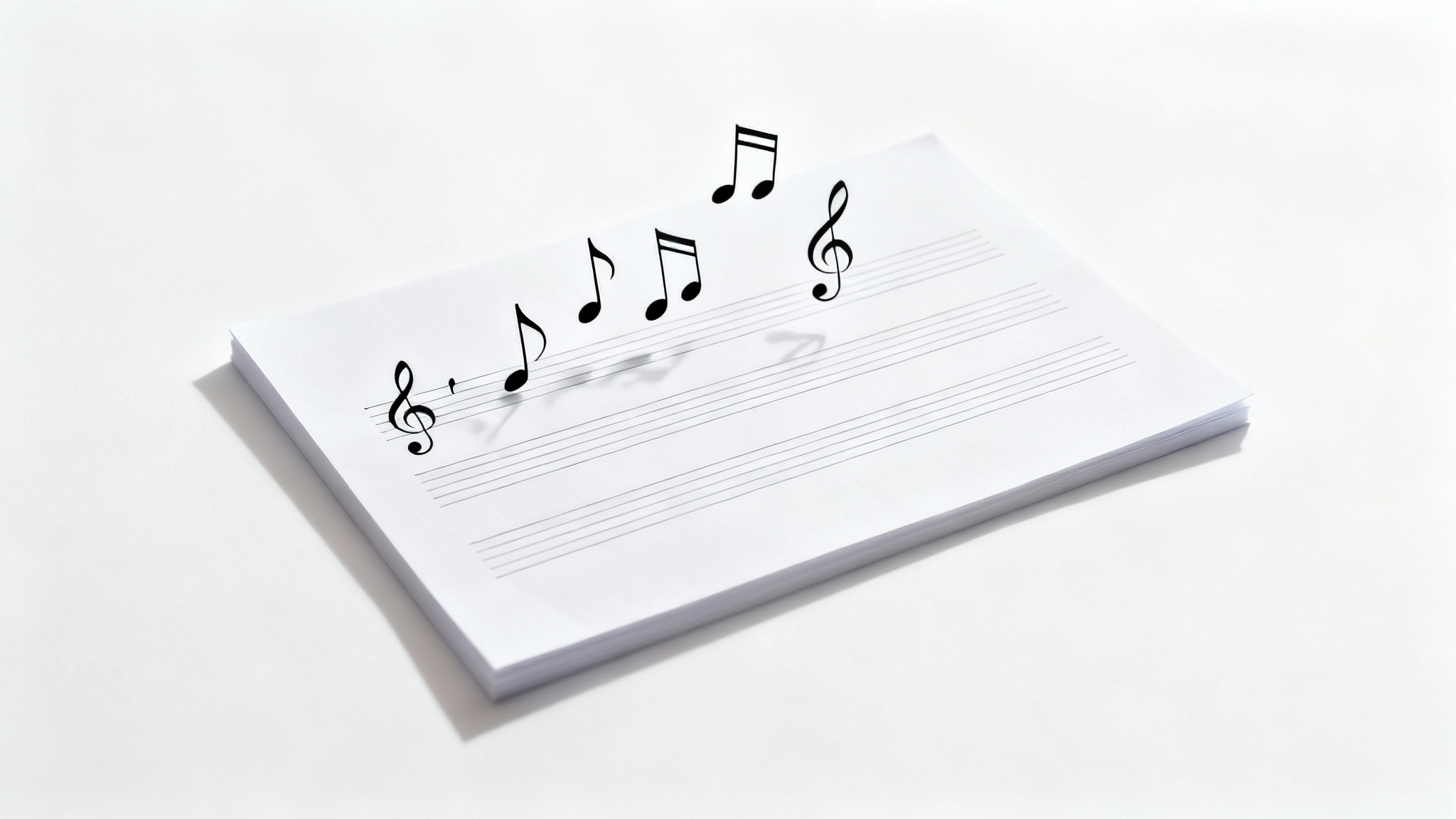 A minimalist top-down view of a blank sheet of musical staff paper on a white background, with several musical notes floating just above the first line.
