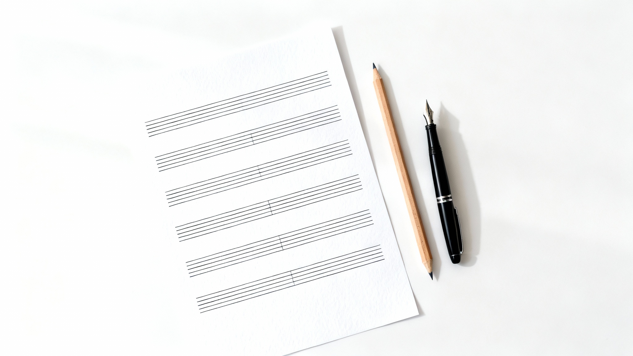 A top-down photo of a blank sheet of musical staff paper with a pencil and a fountain pen resting beside it on a clean white background.