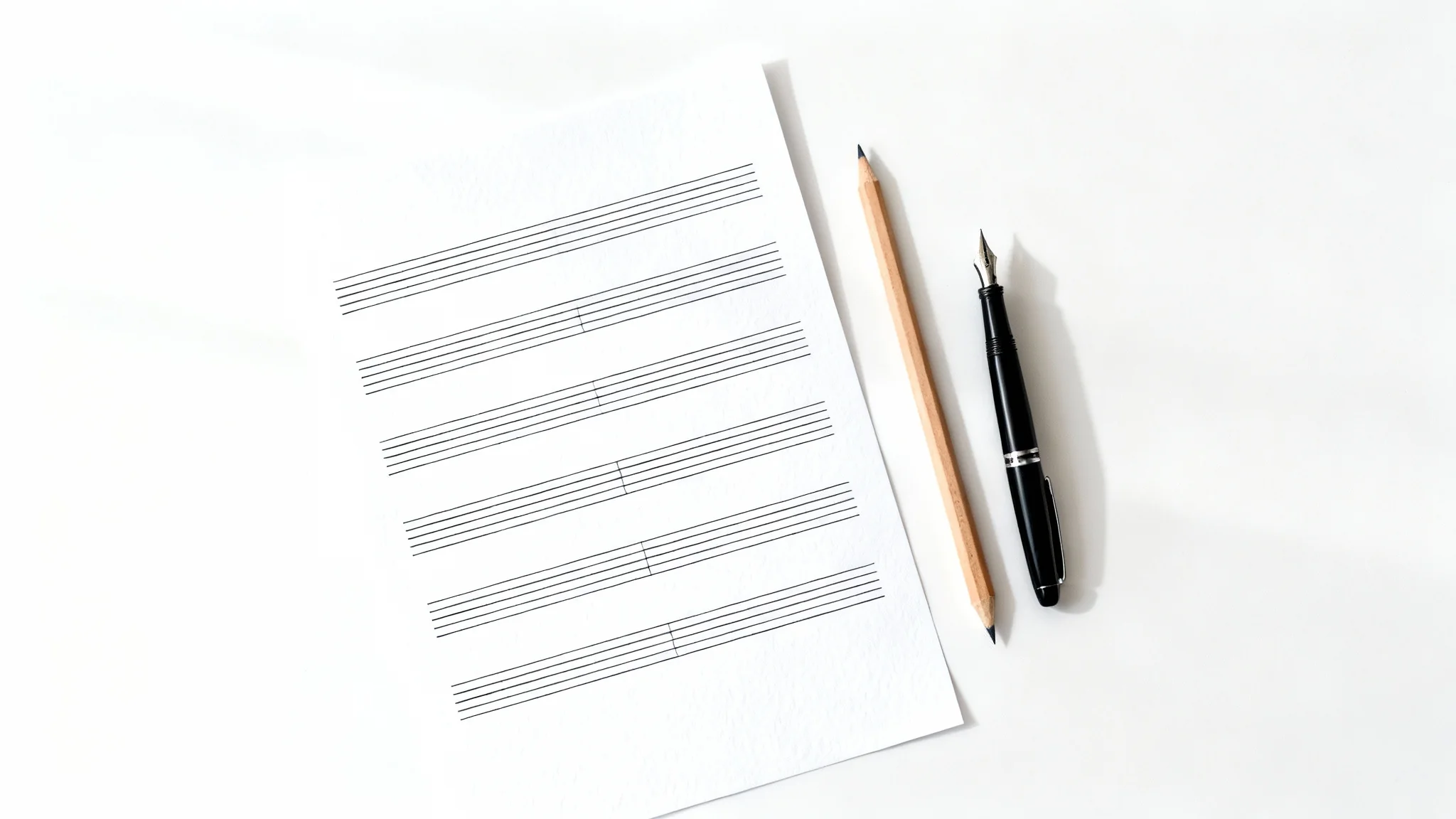 A top-down photo of a blank sheet of musical staff paper with a pencil and a fountain pen resting beside it on a clean white background.