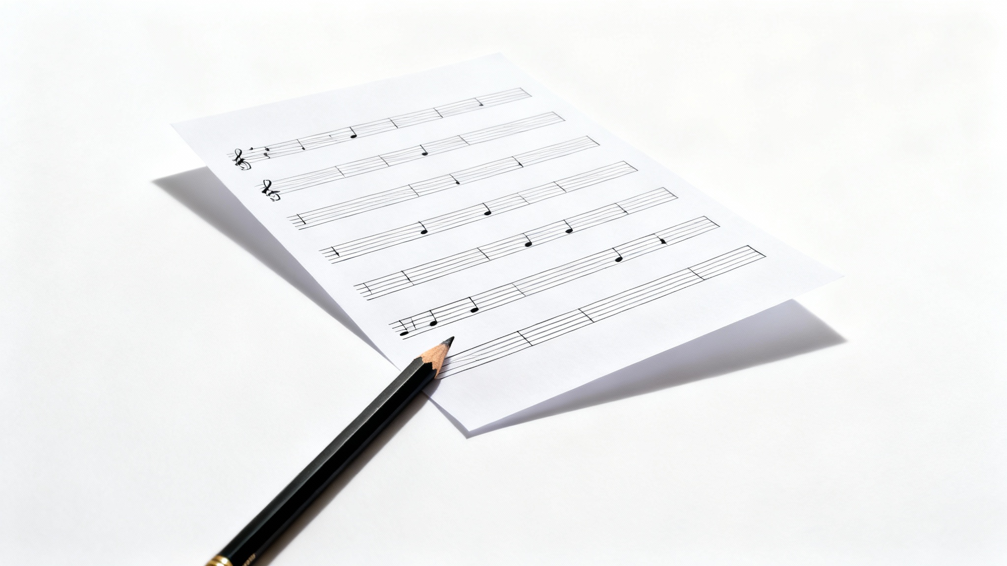 A blank sheet of high-quality musical staff paper with a sharp pencil resting on its corner, presented on a clean white background.