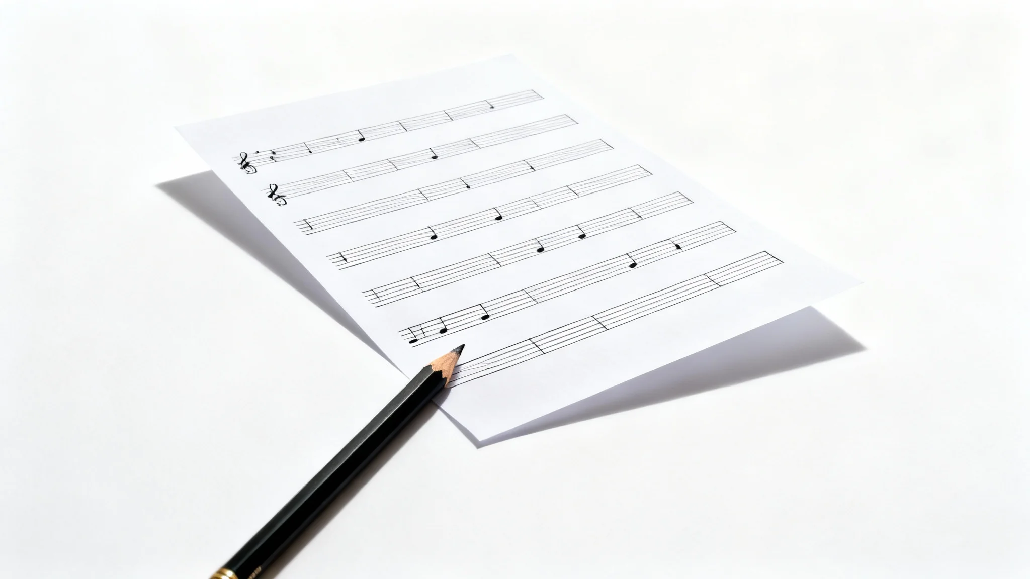 A blank sheet of high-quality musical staff paper with a sharp pencil resting on its corner, presented on a clean white background.