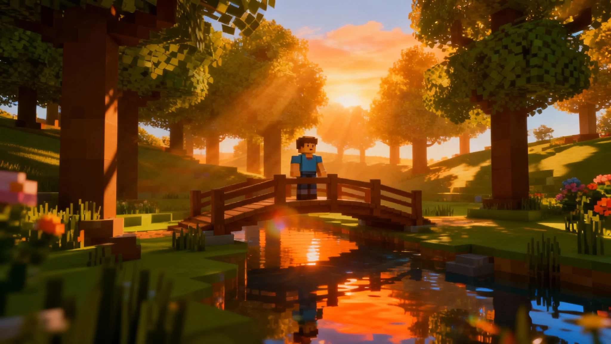 A cinematic Roblox game scene showcasing advanced lighting effects. A Roblox character stands on a wooden bridge in a forest, with dramatic golden sunlight and god rays streaming through the trees, creating long shadows and realistic reflections on a pond below.