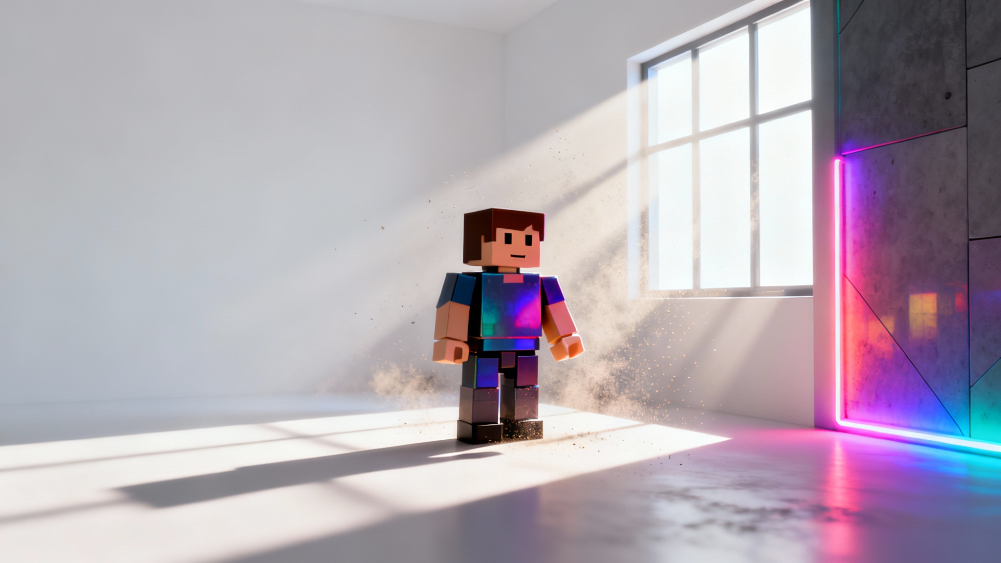 A 3D render of a blocky Roblox character in a room, demonstrating advanced lighting with dramatic god rays from a window and a colorful neon glow, all set against a clean white background.