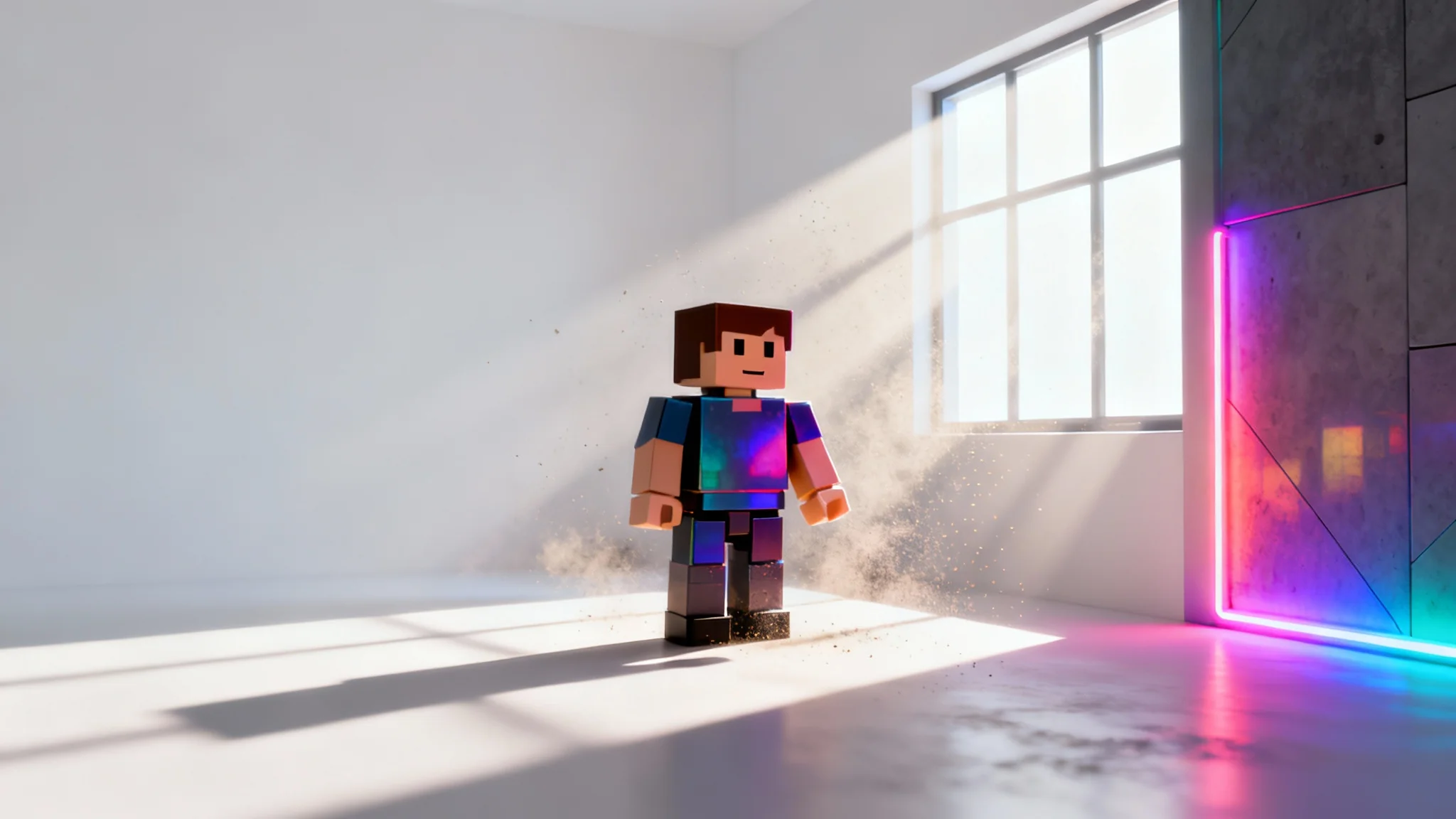 A 3D render of a blocky Roblox character in a room, demonstrating advanced lighting with dramatic god rays from a window and a colorful neon glow, all set against a clean white background.