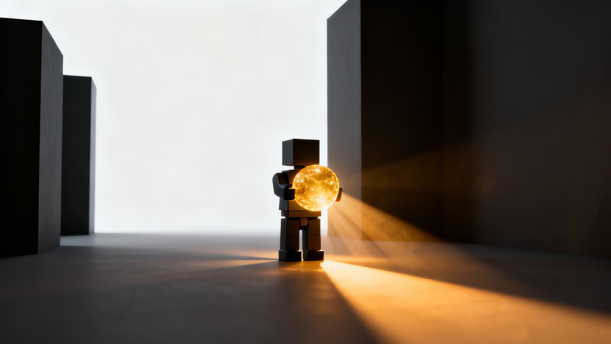A Roblox-style character holding a glowing orb in a dark, blocky environment, demonstrating advanced volumetric lighting and dynamic shadows.