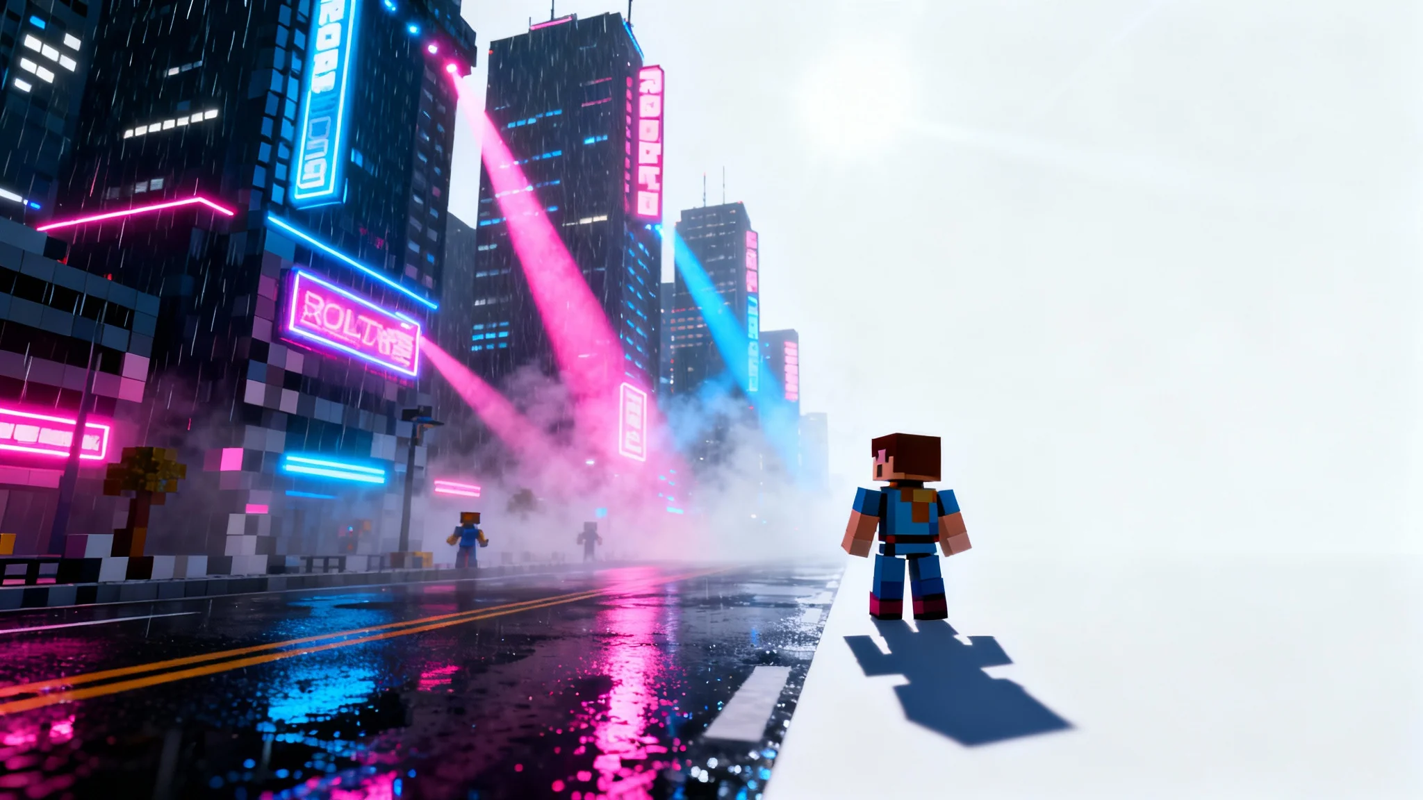 A cinematic render of a Roblox city at night, demonstrating advanced lighting effects with glowing neon signs reflecting on wet streets and dramatic shadows cast by blocky characters.