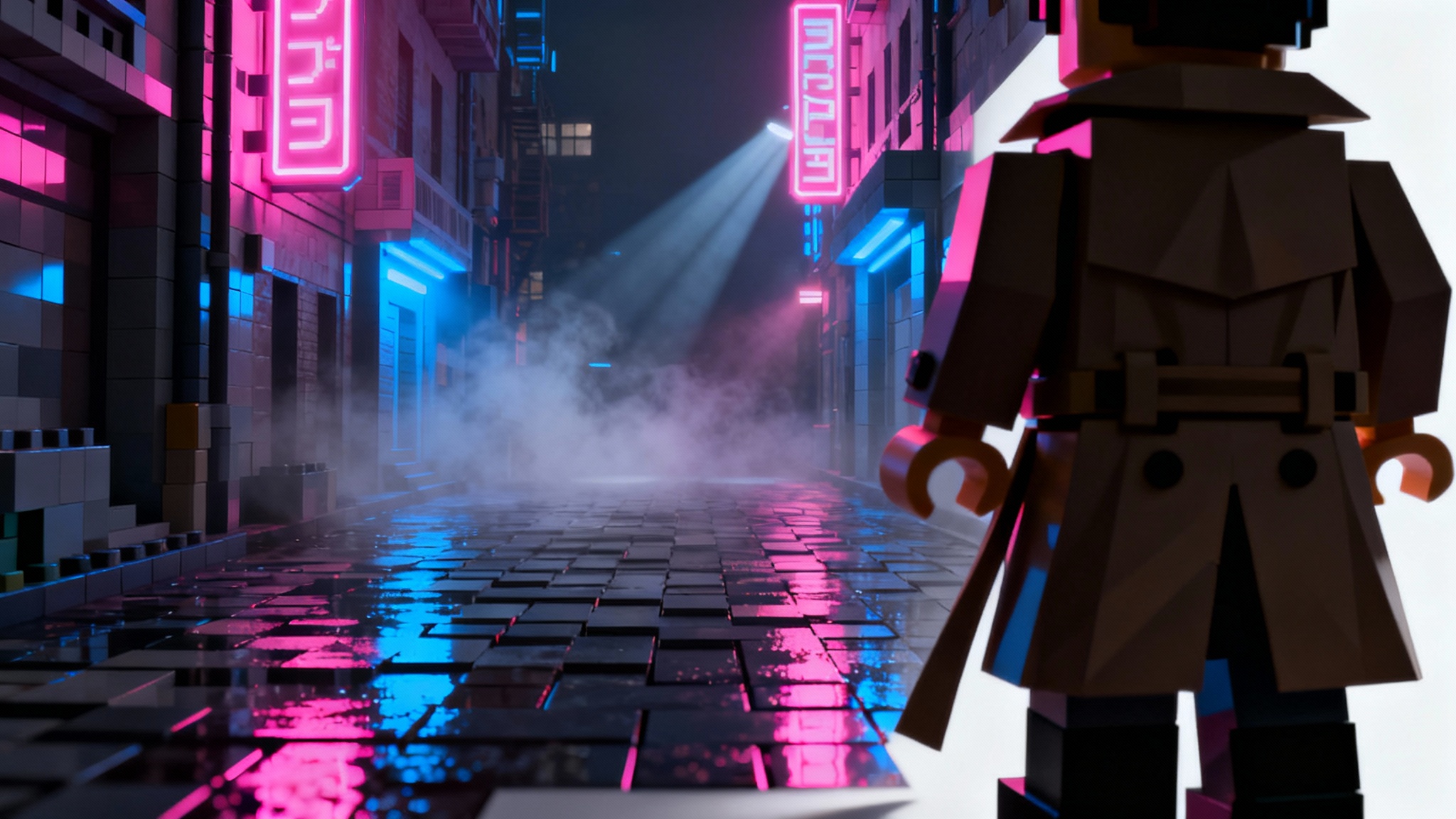 A Roblox-style character in a futuristic city alleyway at night, demonstrating advanced lighting with neon glows, reflections on wet pavement, and volumetric light beams.