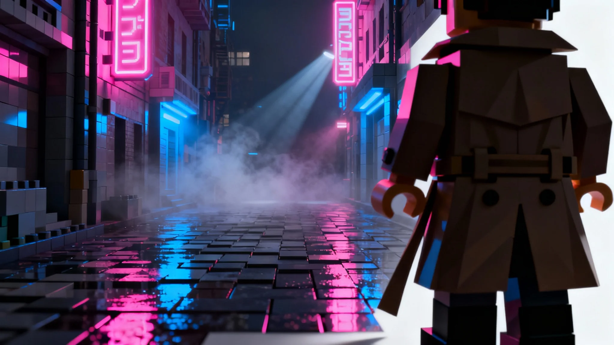 A Roblox-style character in a futuristic city alleyway at night, demonstrating advanced lighting with neon glows, reflections on wet pavement, and volumetric light beams.