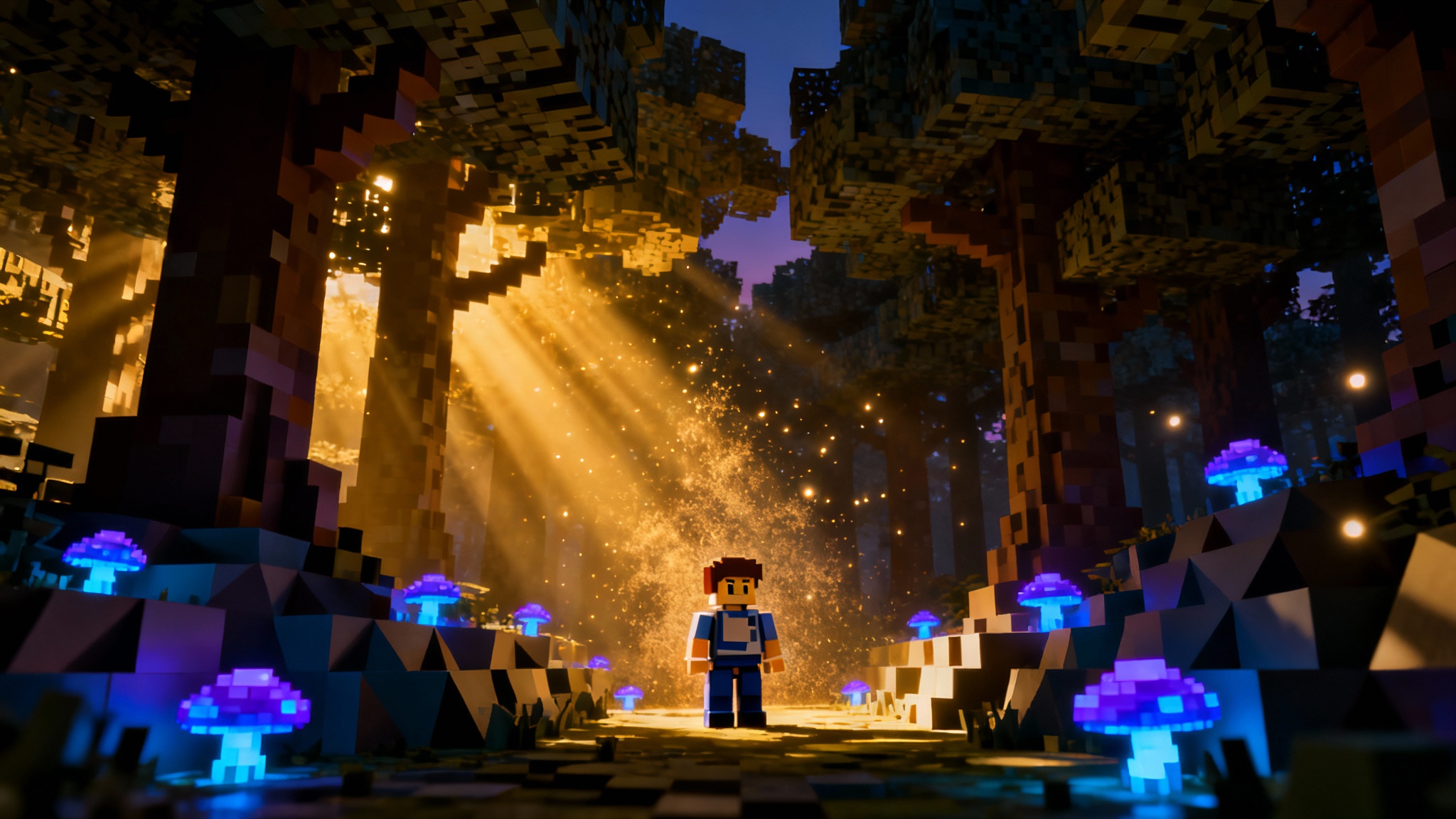 A Roblox game scene demonstrating advanced lighting effects, showing a blocky character in a dark forest illuminated by dramatic god rays and glowing blue and purple mushrooms.
