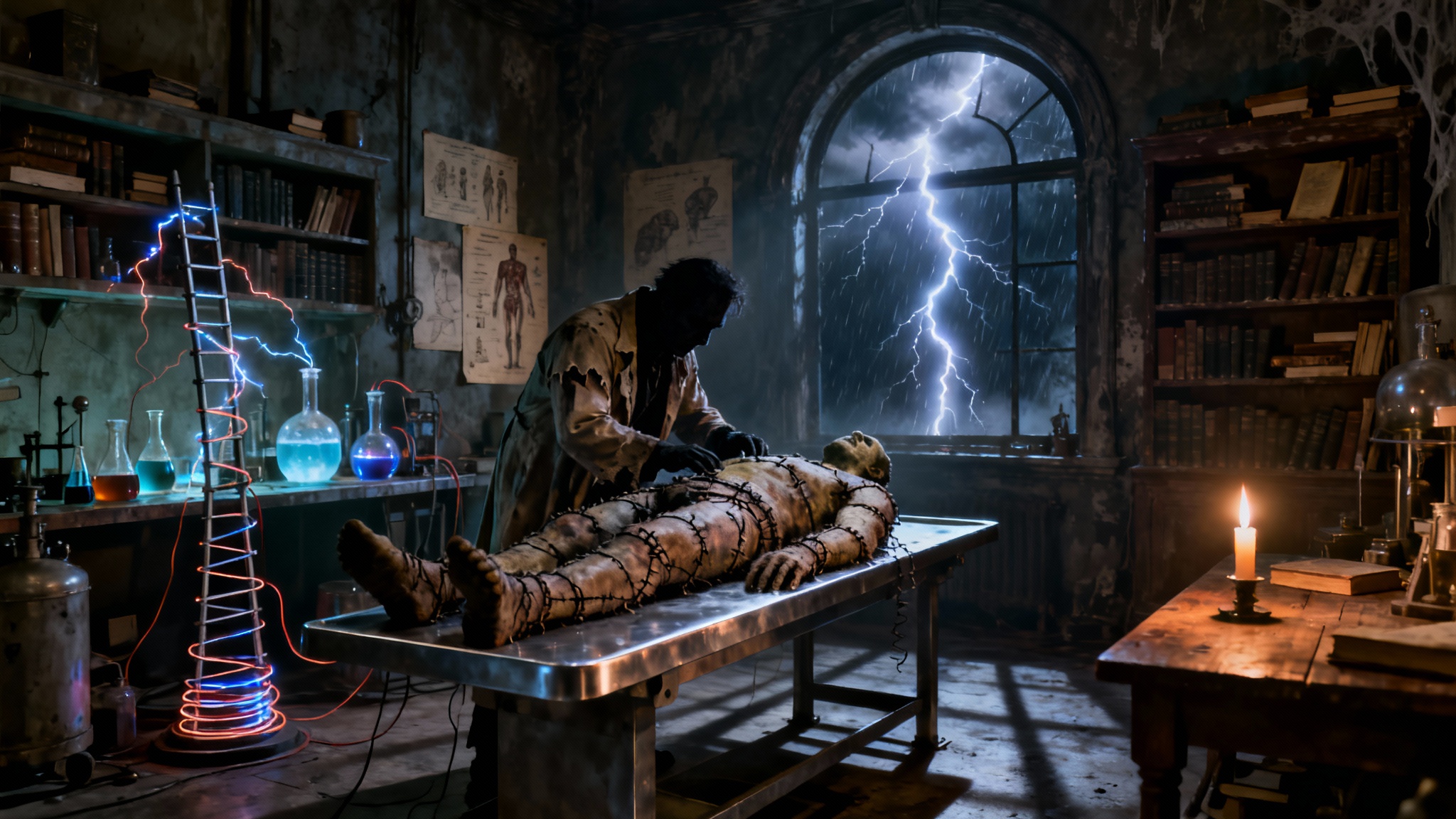 A wide, cinematic view of a Frankenstein-style laboratory during a storm. A scientist works on a large, stitched creature on a slab, surrounded by scientific equipment, with lightning flashing through a window.