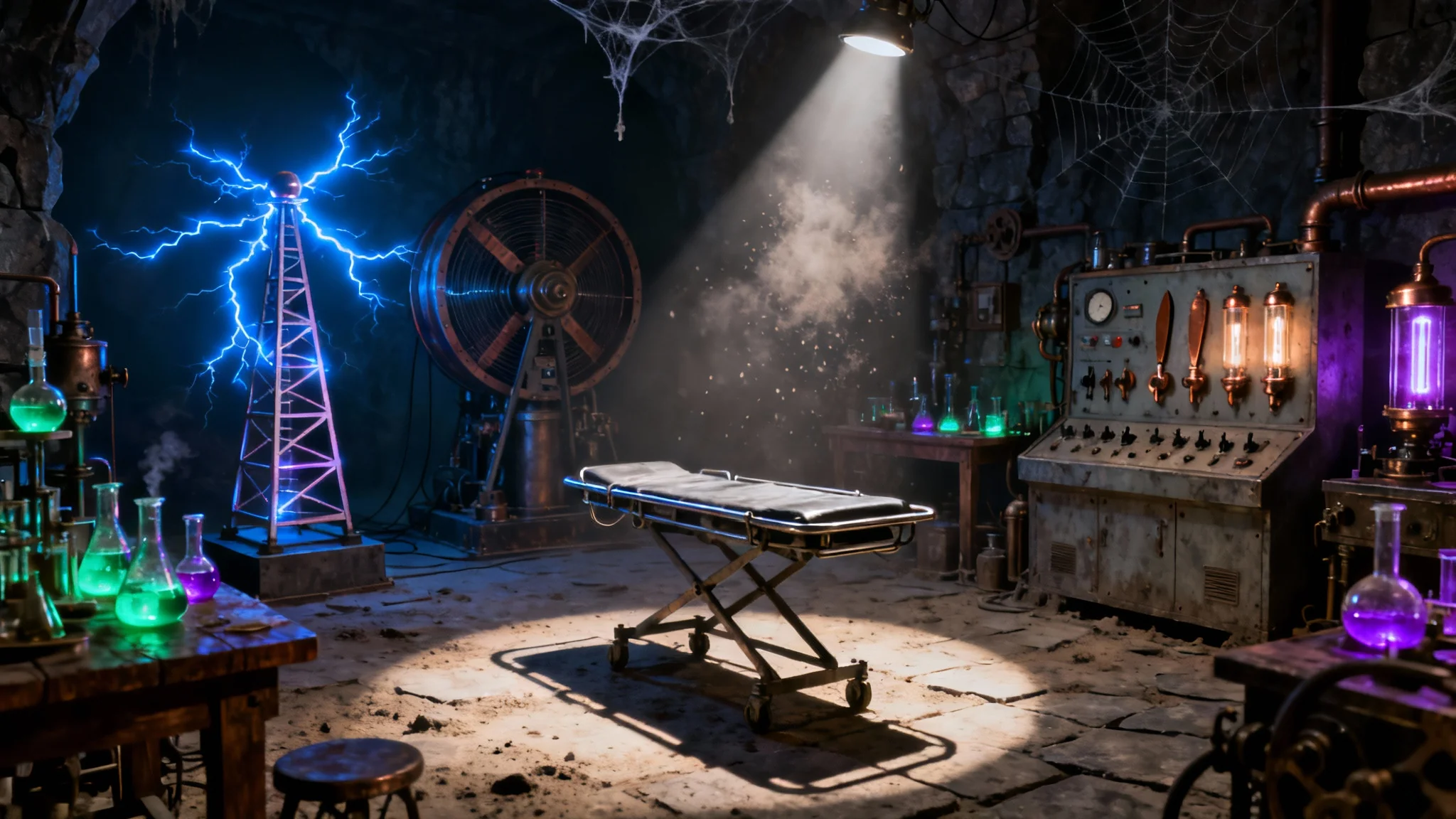 A moody, cinematic depiction of a Frankenstein-style laboratory, complete with bubbling beakers, arcing electrical equipment, and a central gurney under a spotlight.