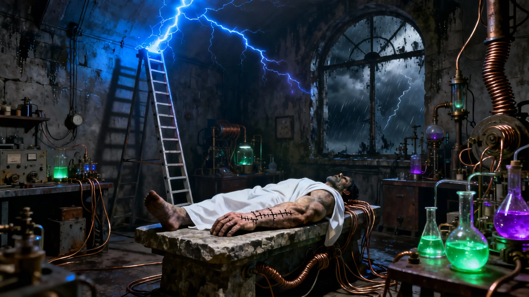 A dark and atmospheric rendering of Frankenstein's laboratory, where a monstrous figure lies on a slab surrounded by crackling, vintage electrical equipment under a stormy sky.