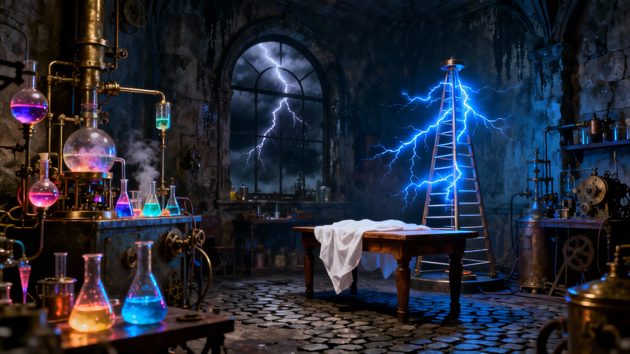 A dimly lit, gothic laboratory in the style of Frankenstein, filled with bubbling beakers, sparking electrical equipment, and a central table covered by a sheet under a stormy window.