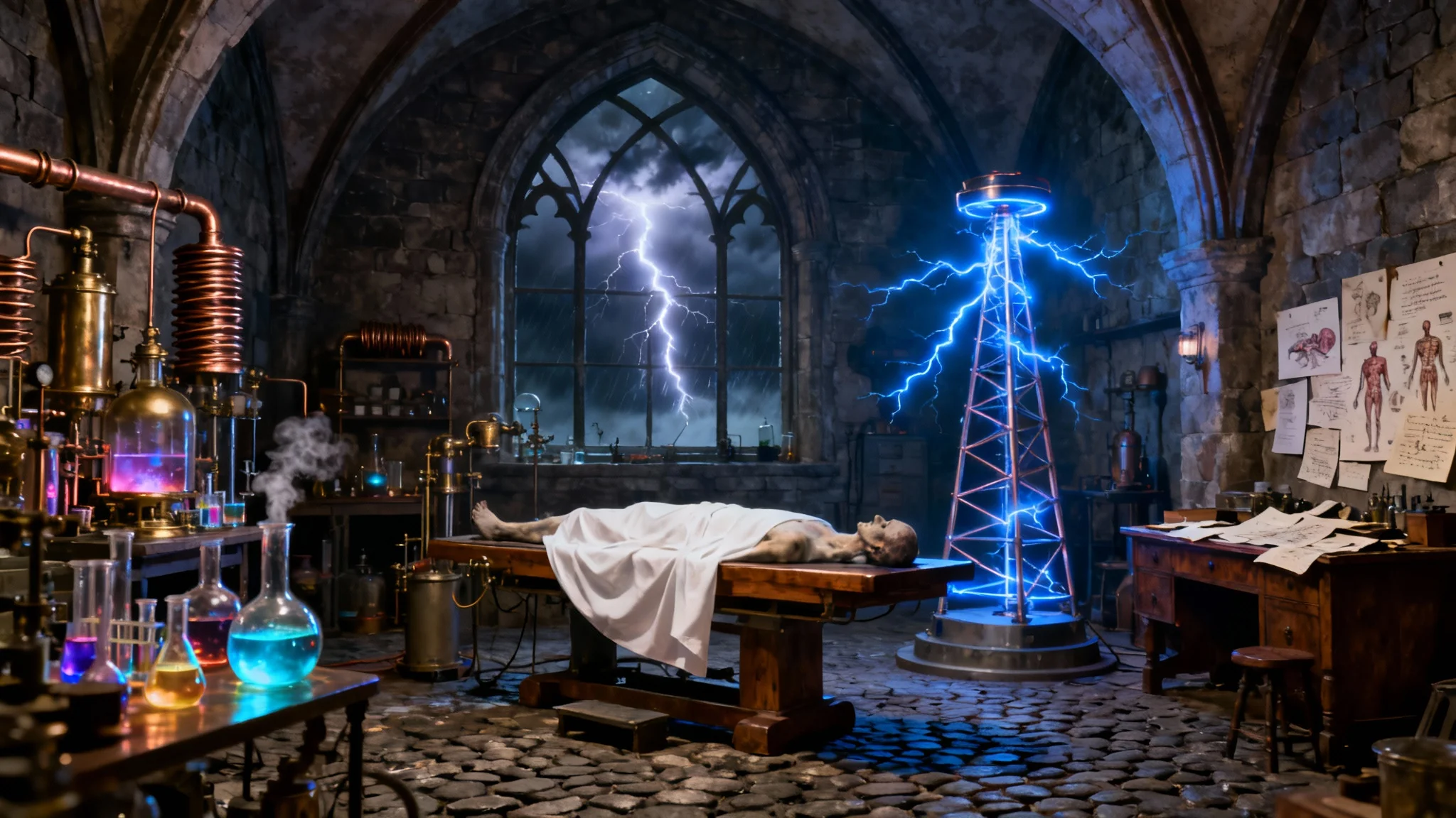 A detailed, cinematic depiction of Frankenstein's gothic laboratory during a thunderstorm, filled with sparking electrical equipment, glowing beakers, and a central operating table covered by a sheet.