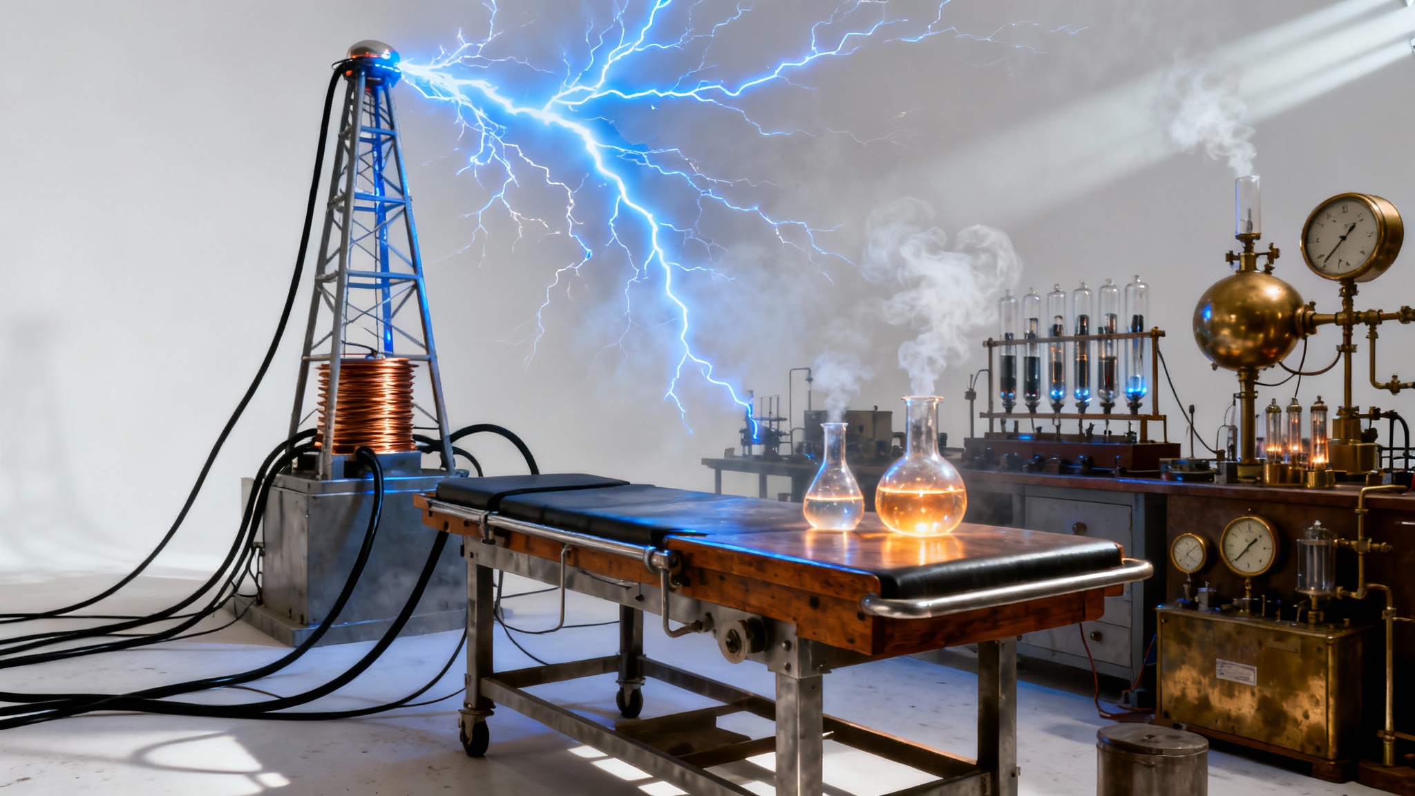 A photorealistic mockup of a Frankenstein laboratory scene with sparking electrical equipment and bubbling beakers, set against a plain white background for dramatic effect.