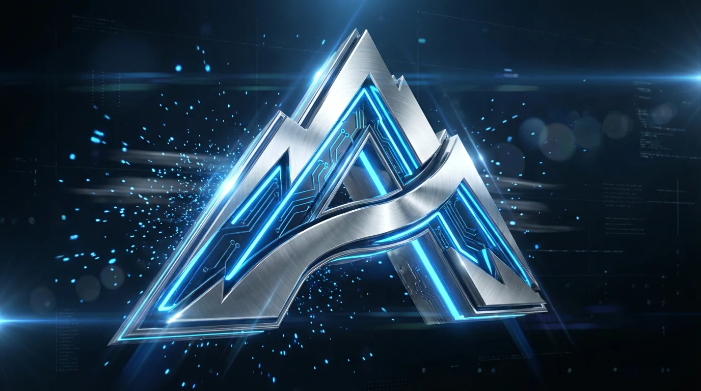 A polished 3D logo for a fictional company, 'Apex Innovations', shown in a dynamic still from a video intro, featuring chrome textures and blue glowing lights.