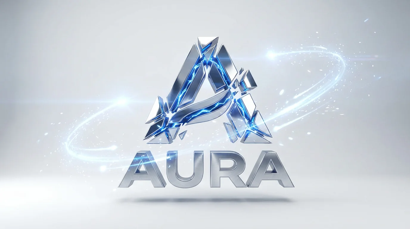 A cinematic 3D render of a polished chrome abstract 'A' logo for the brand 'AURA', captured mid-animation against a clean white background with dynamic blue light streaks.