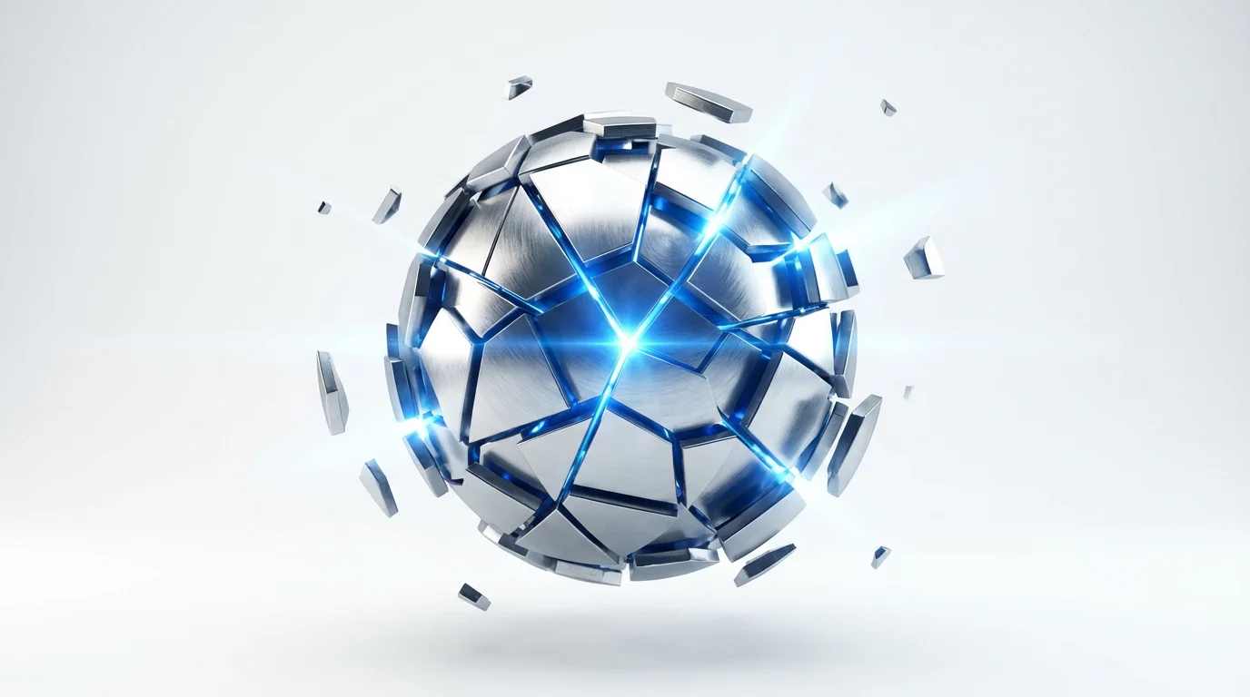 A dynamic 3D rendering of an abstract metallic sphere logo with a glowing blue core, captured mid-animation against a clean white background.