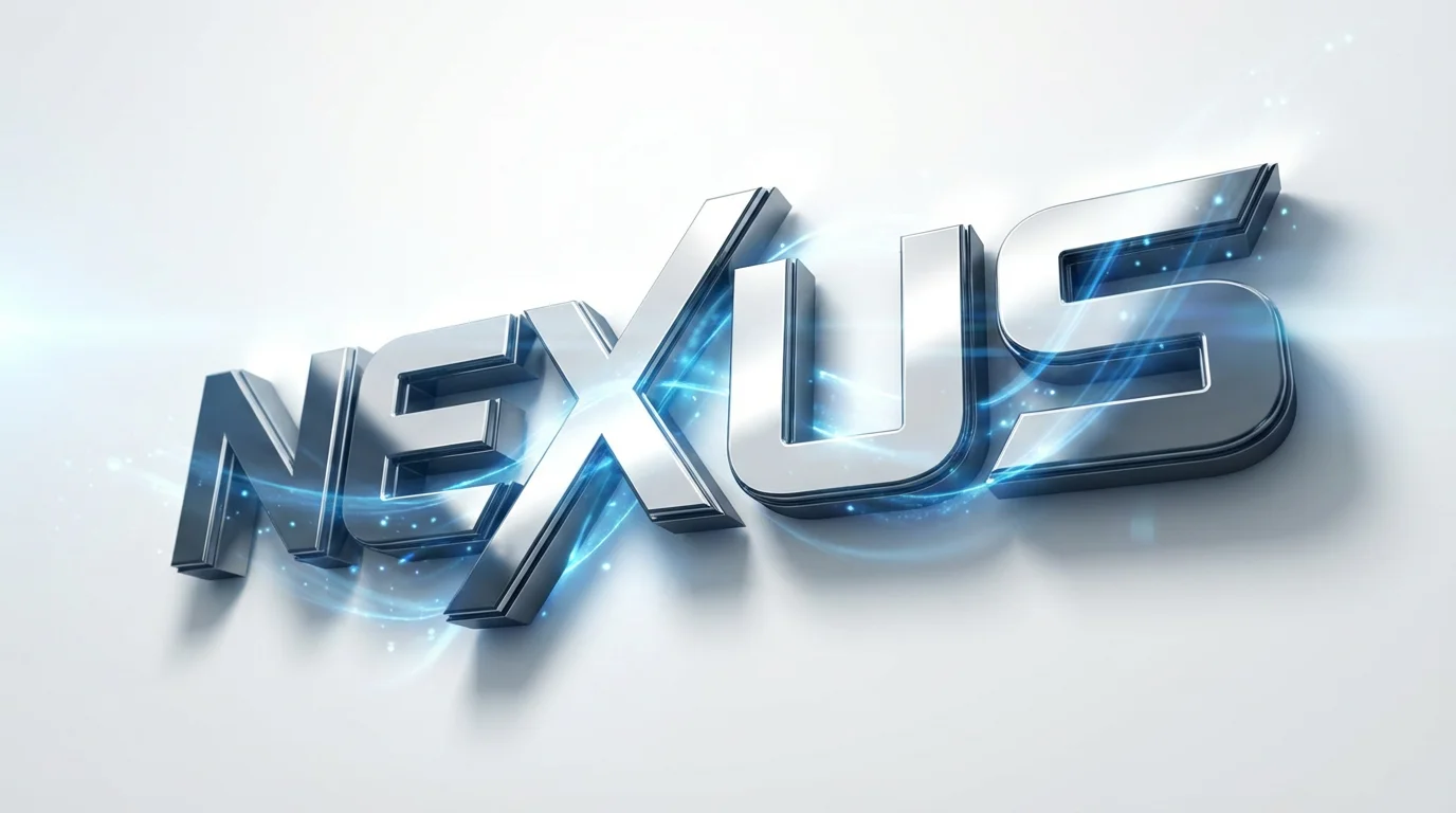 A dynamic 3D rendering of the word 'NEXUS' in polished chrome, set against a white background, with glowing blue energy particles suggesting a high-tech logo intro.