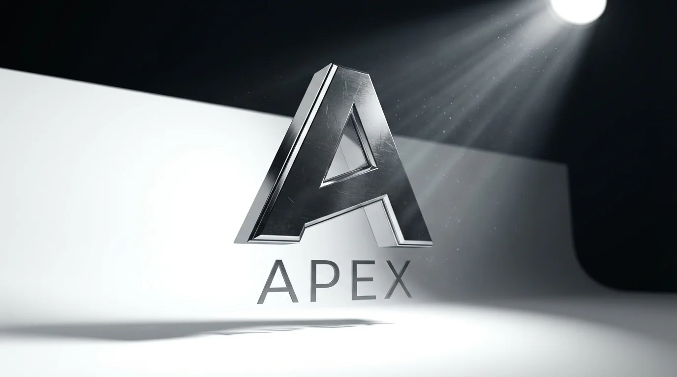 A cinematic 3D render of a stylized 'A' logo and the word 'APEX' below it. The logo is made of dark brushed metal with polished edges, set against a clean white background with dramatic spotlighting.