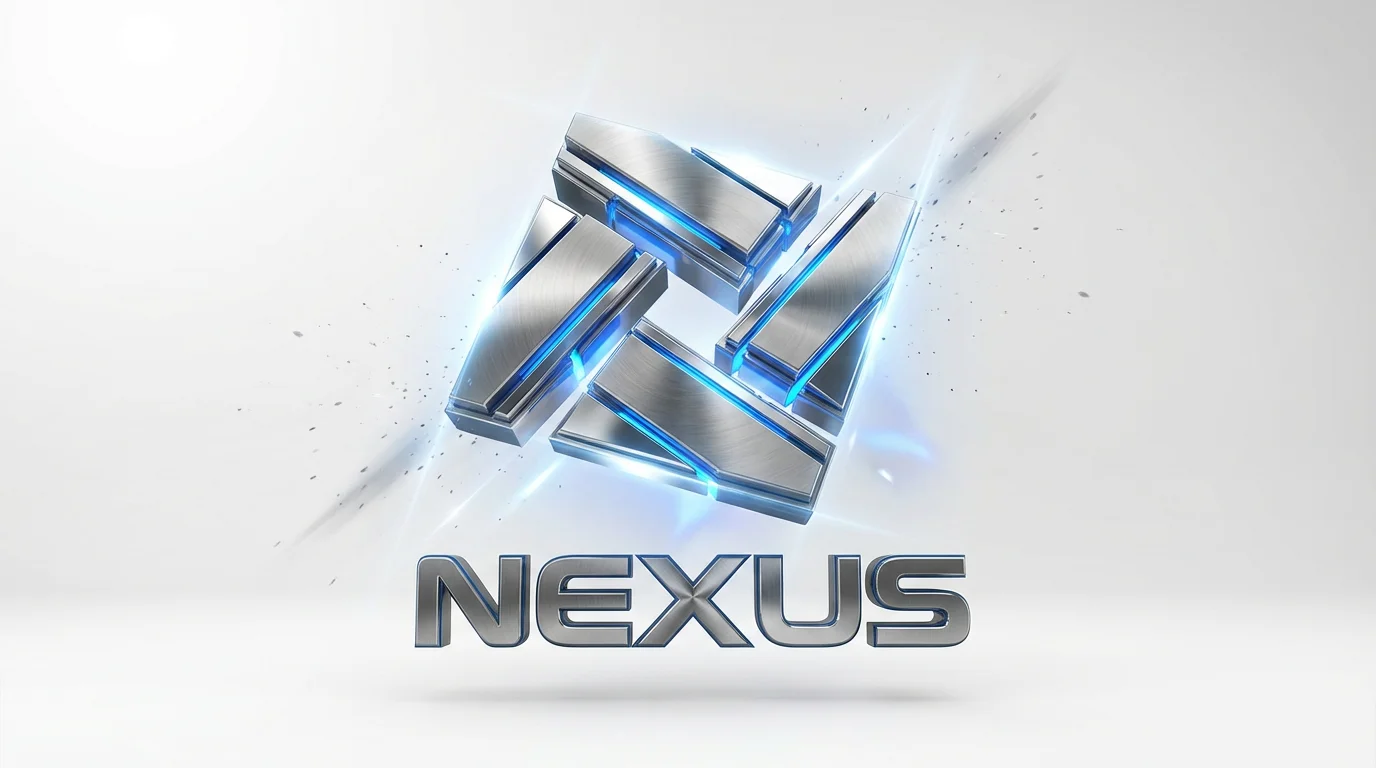 A 3D rendered logo for the fictional brand 'NEXUS', shown as part of a cinematic intro sequence. The logo, made of chrome and titanium, glows with blue light and is isolated on a white background.