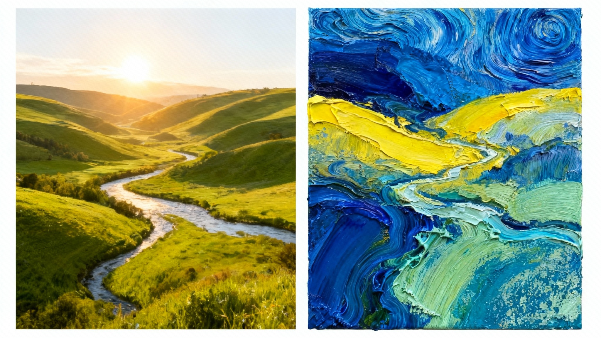 A before-and-after comparison showing a photo of a landscape with rolling hills being transformed into a vibrant abstract painting with swirling colors and exaggerated shapes.