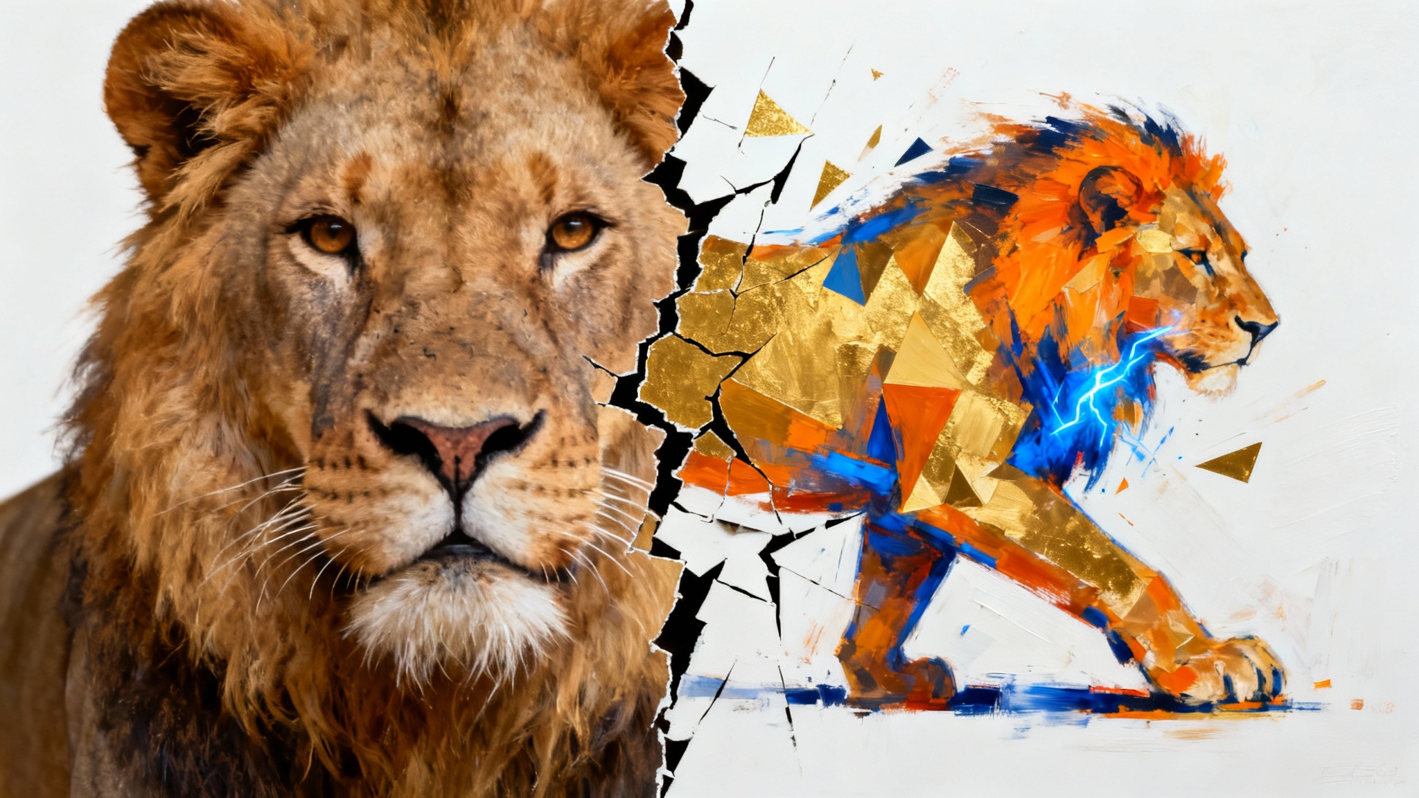 A conceptual image showing a lion's head, half of which is a photorealistic photograph and the other half is a vibrant, colorful abstract painting, symbolizing the transformation of a photo into art.