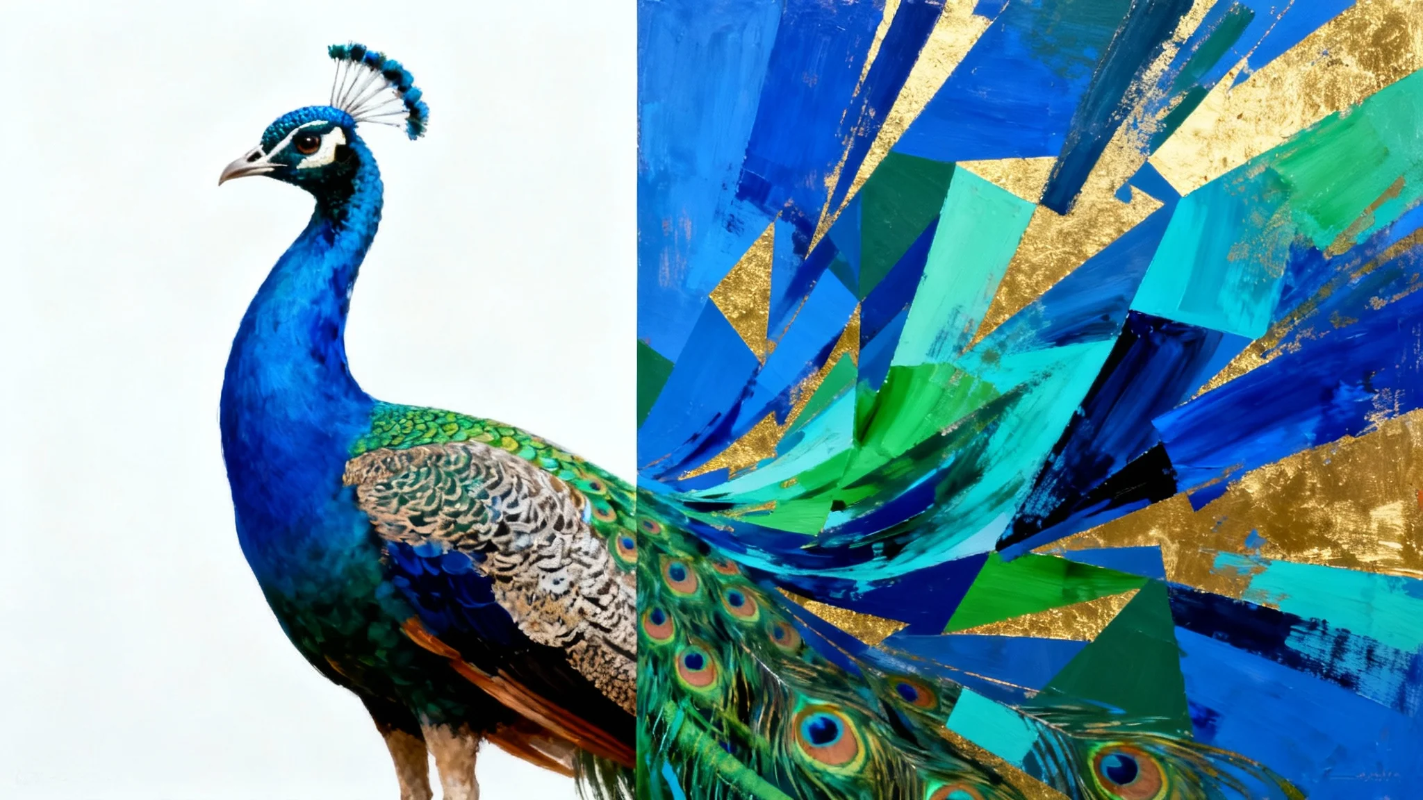 A split image demonstrating photo to abstract art; the left side is a realistic photo of a peacock, and the right side is a colorful abstract painting inspired by it, set against a white background.