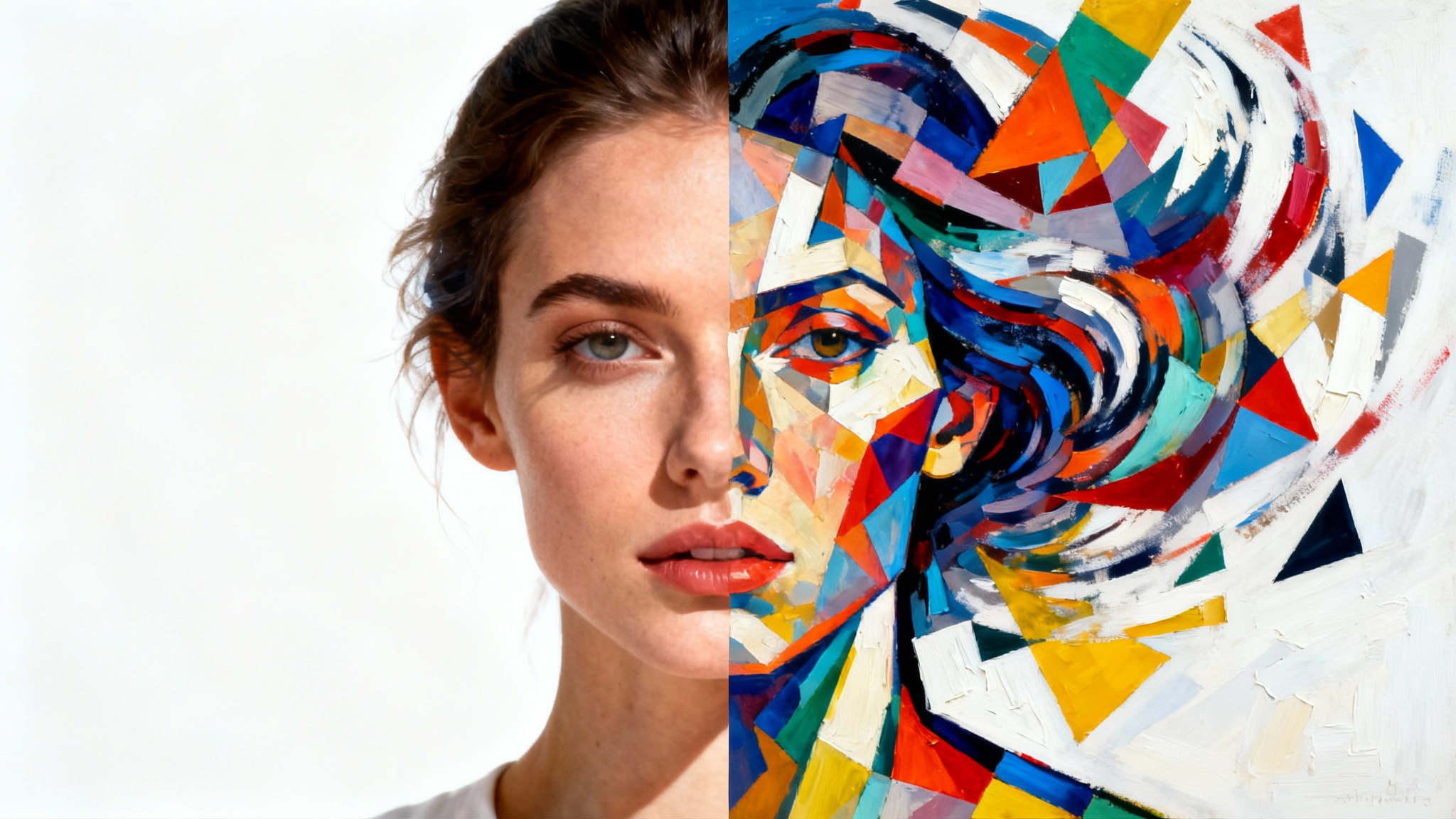 An image illustrating a photo-to-abstract-art transformation. The left half is a realistic photograph of a woman, and the right half is a vibrant, colorful abstract painting of the same woman.