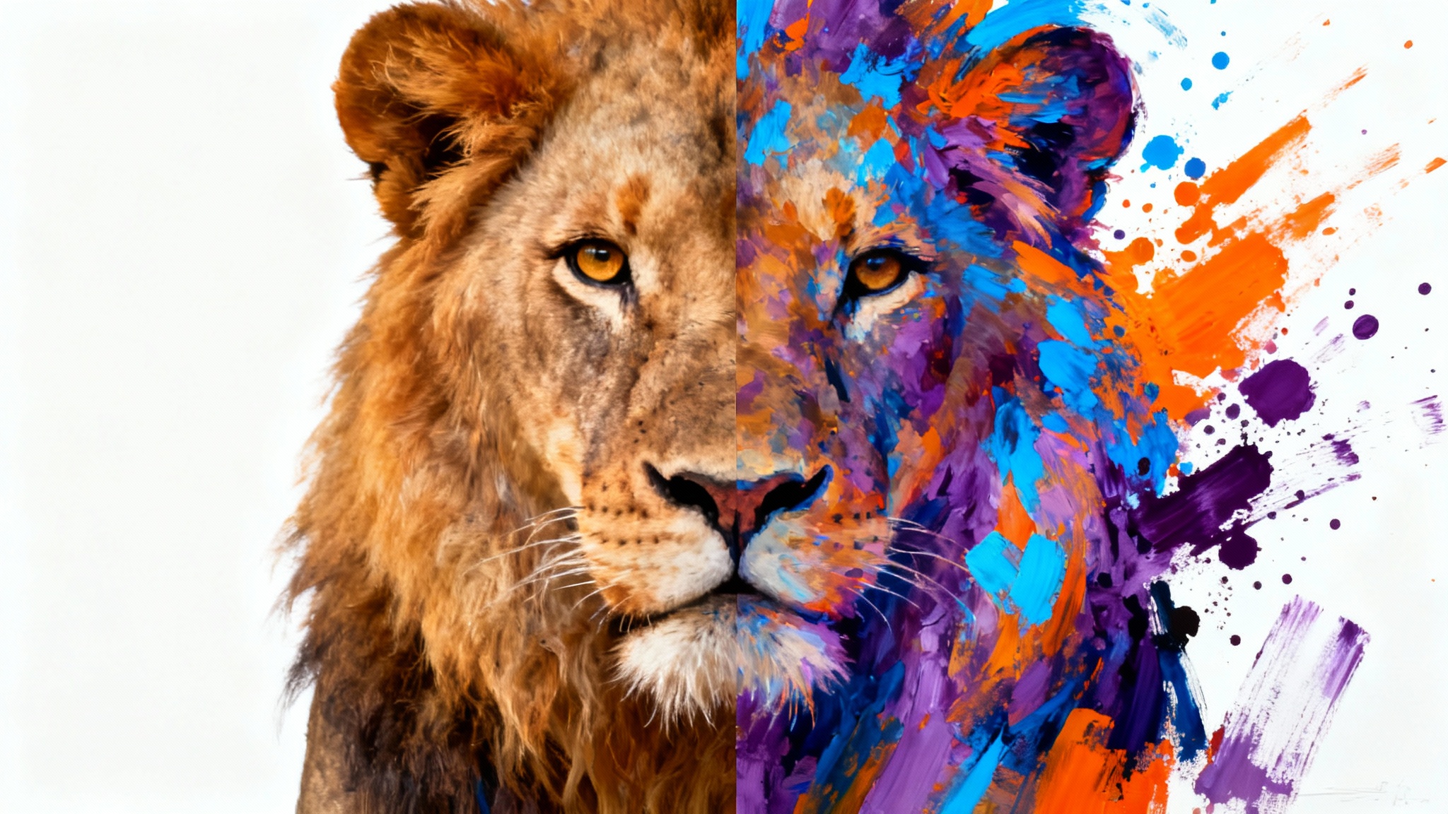 An image split in half, demonstrating a photo-to-art effect. The left side is a realistic photograph of a lion's face, and the right side is a colorful, abstract painting of the same lion.