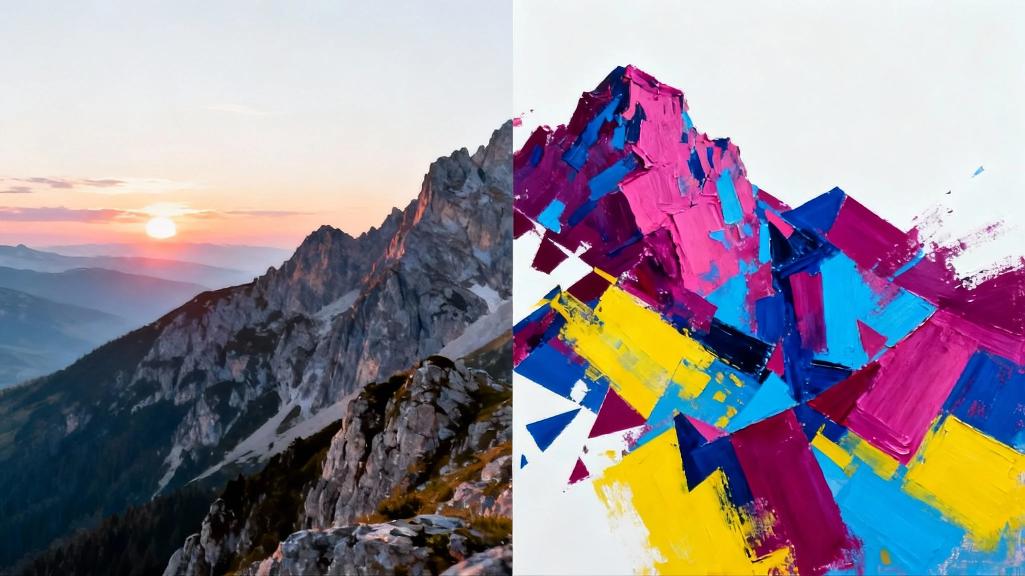 A conceptual image split in half: the left shows a realistic photograph of a mountain sunrise, while the right shows a vibrant, colorful abstract painting of the same scene, illustrating the transformation of a photo into abstract art.