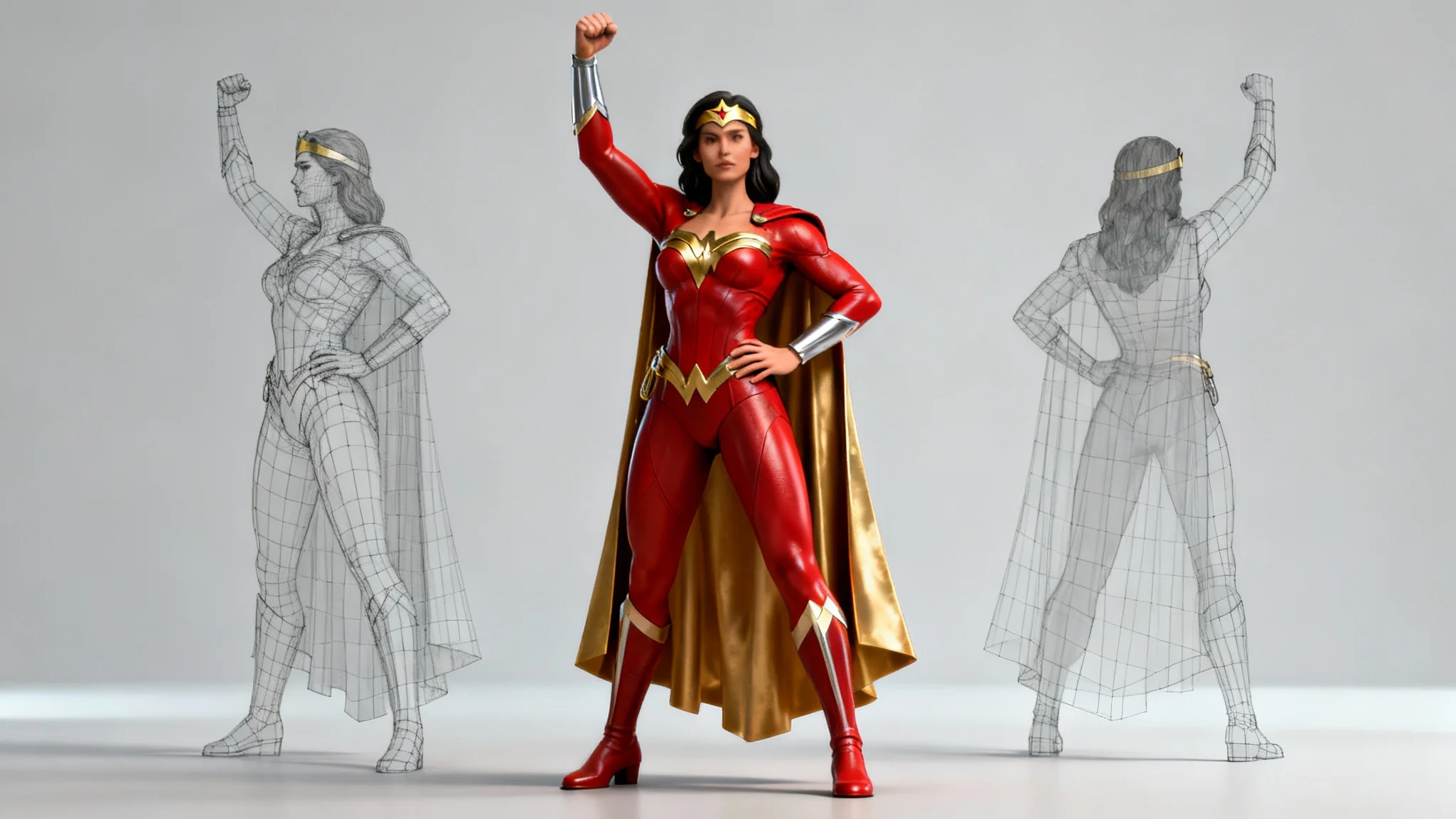 A 3D model render of a female superhero in a red and gold suit, shown in a heroic pose from multiple angles to serve as an artist's reference.