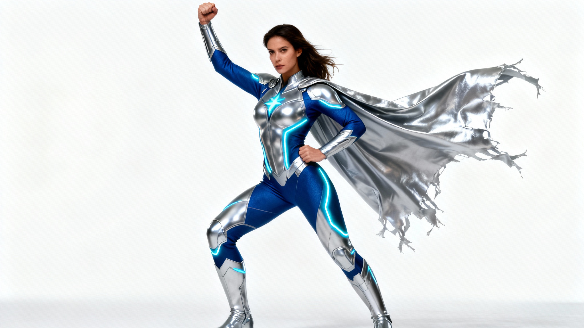 A photorealistic digital rendering of a female superhero in a powerful hero pose against a stark white background, her arm raised triumphantly.