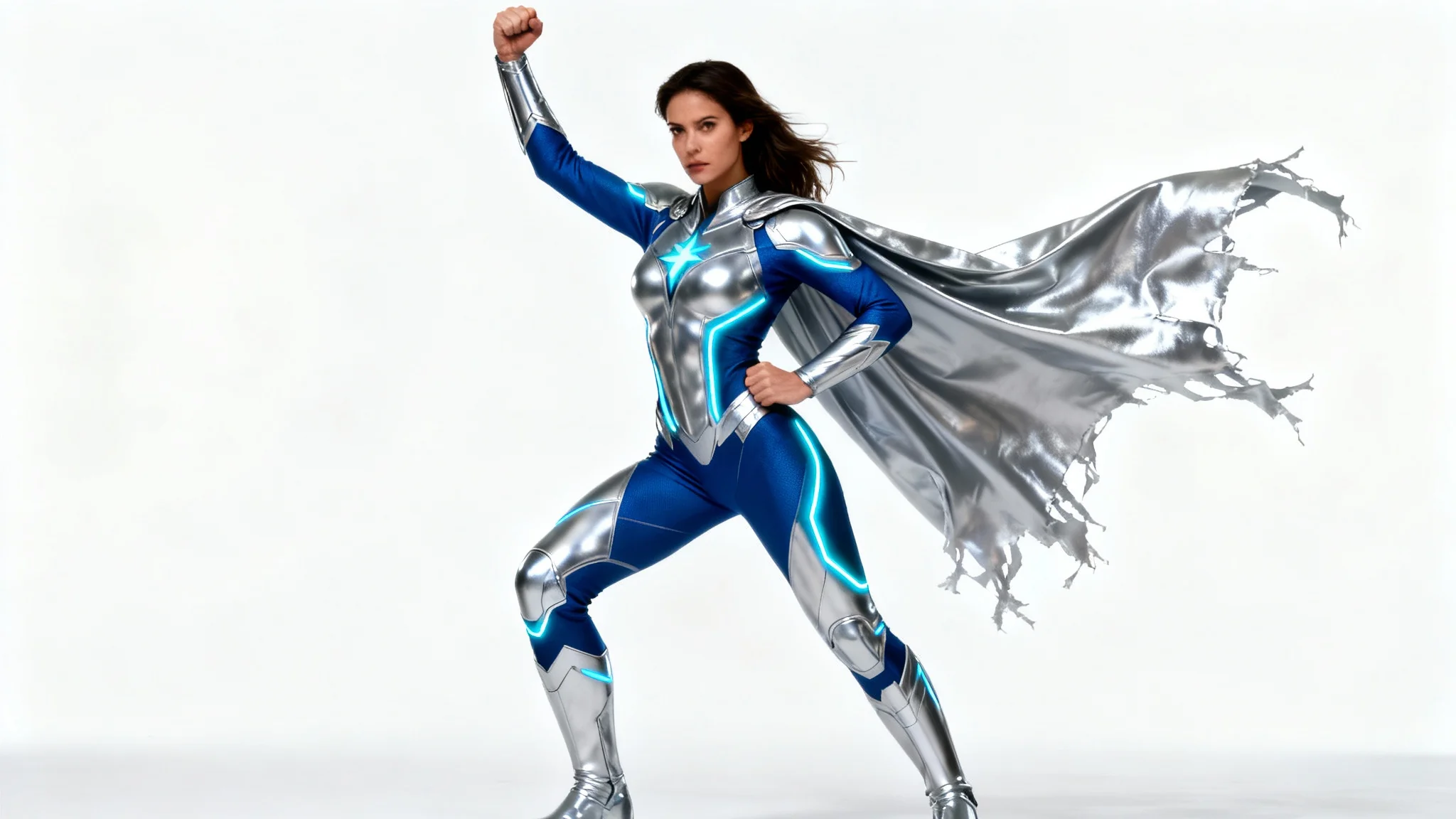 A photorealistic digital rendering of a female superhero in a powerful hero pose against a stark white background, her arm raised triumphantly.