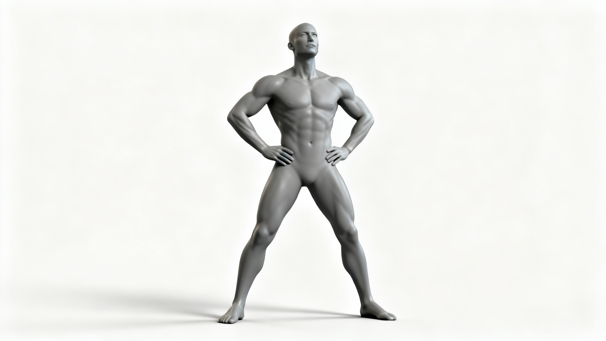 A 3D anatomical reference figure striking a confident hero pose, with hands on hips and chest out, against a plain white background.
