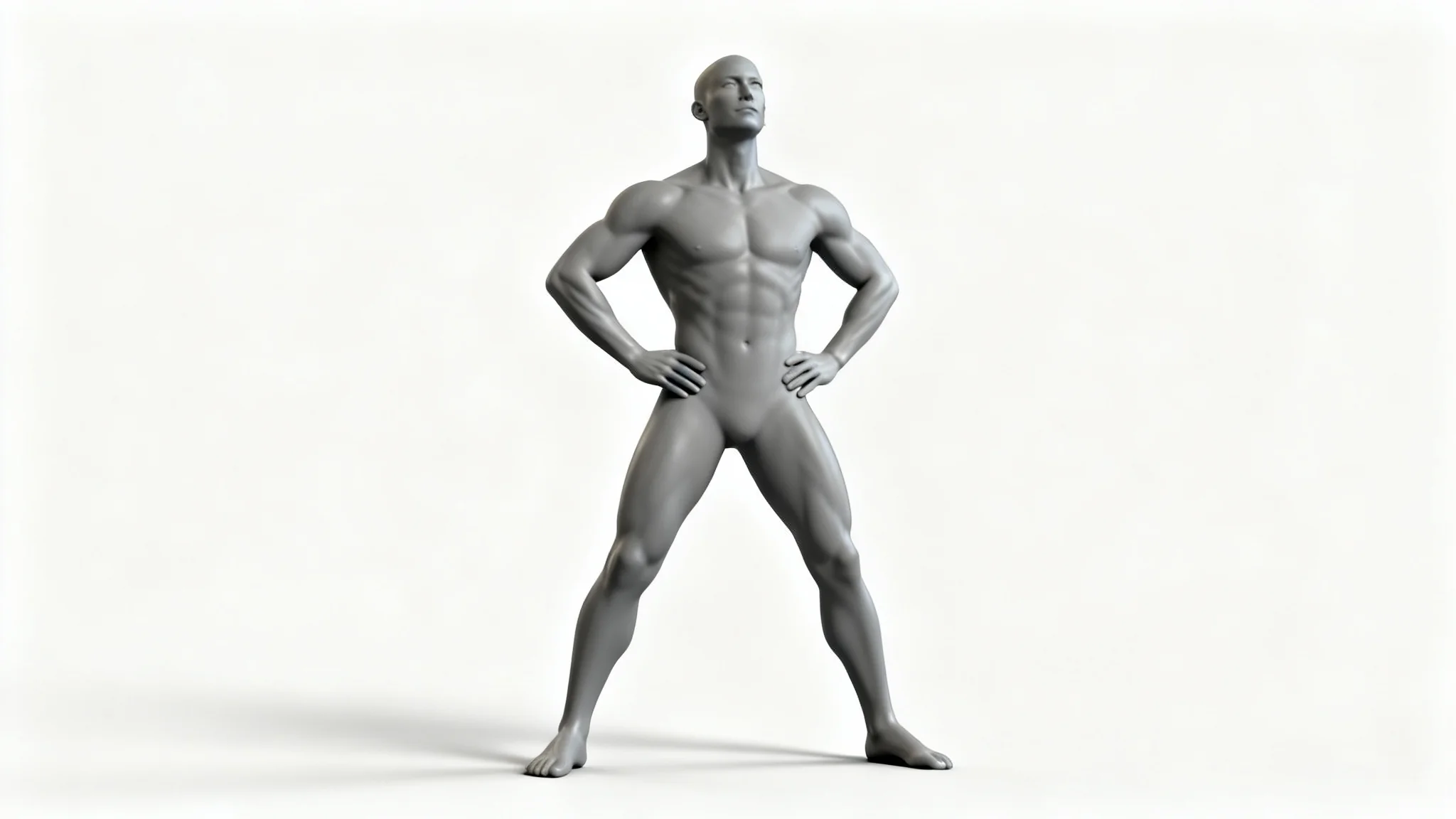 A 3D anatomical reference figure striking a confident hero pose, with hands on hips and chest out, against a plain white background.